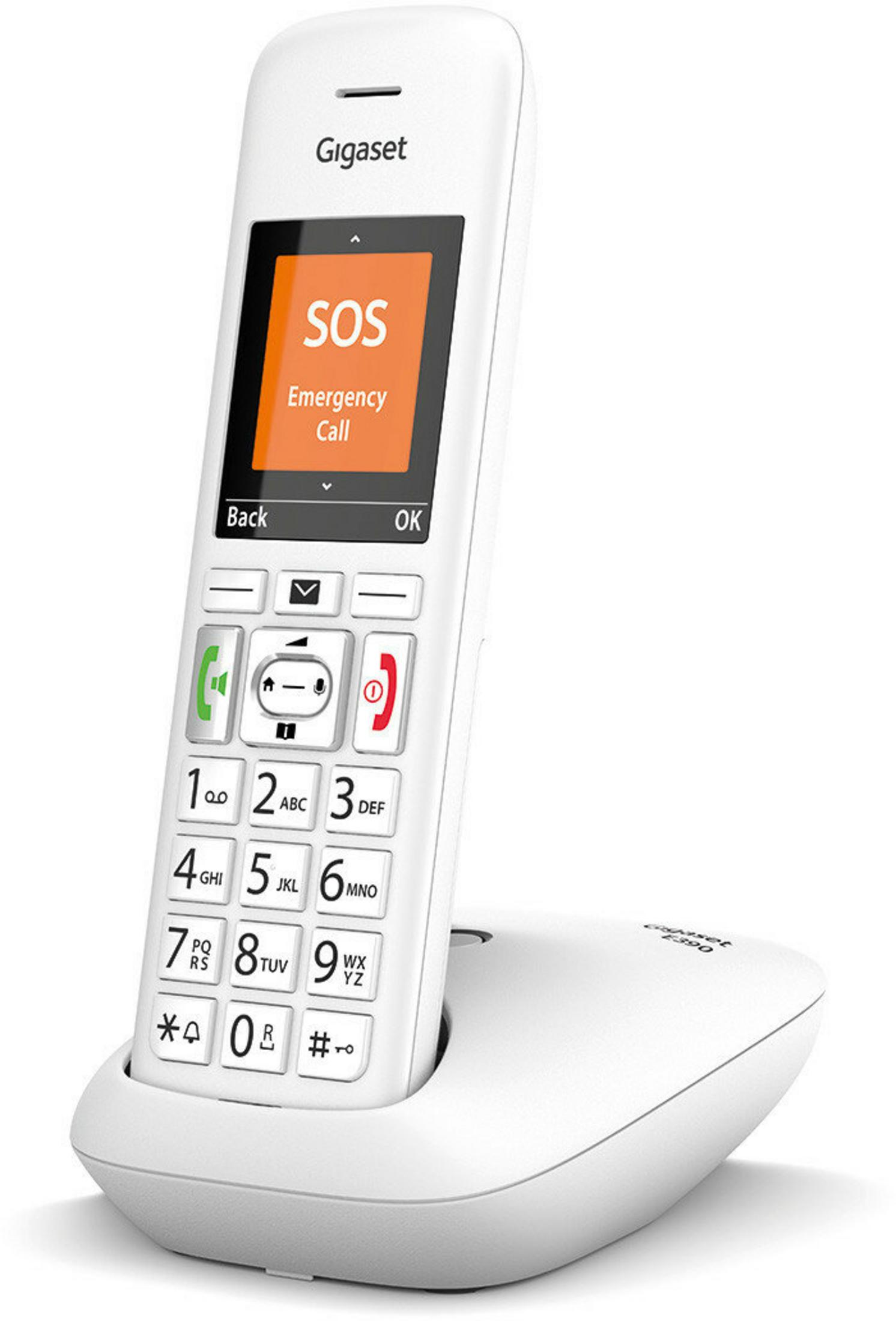Biały telefon bezprzewodowy Gigaset z funkcją SOS stoi na swojej podstawie.