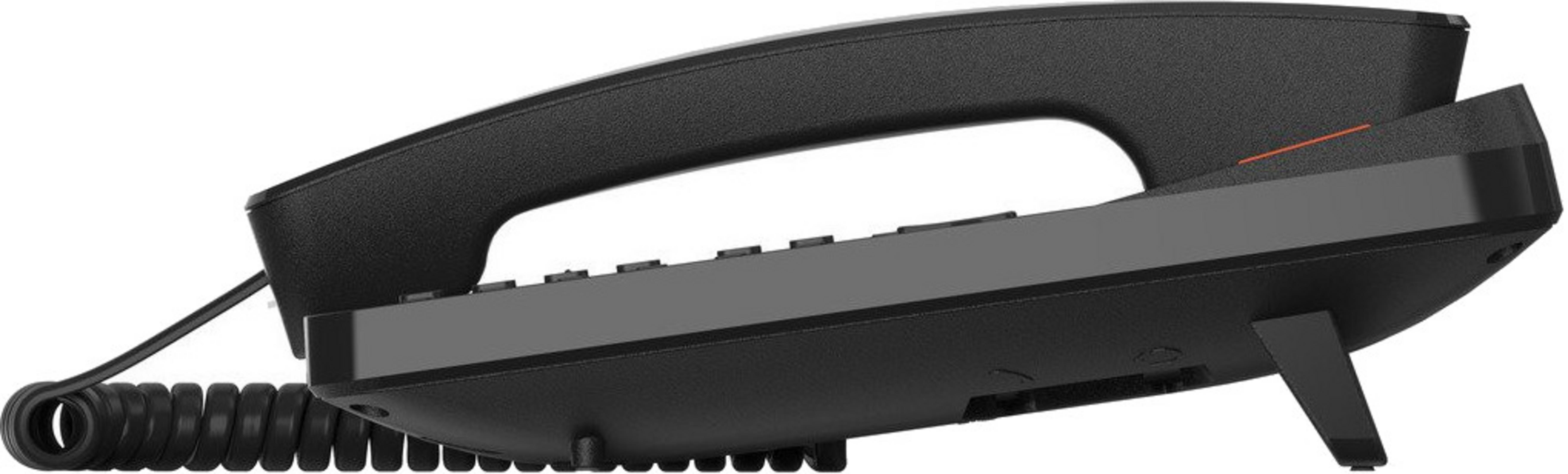 Telefono nero con cavo a spirale, pulsanti e supporto.