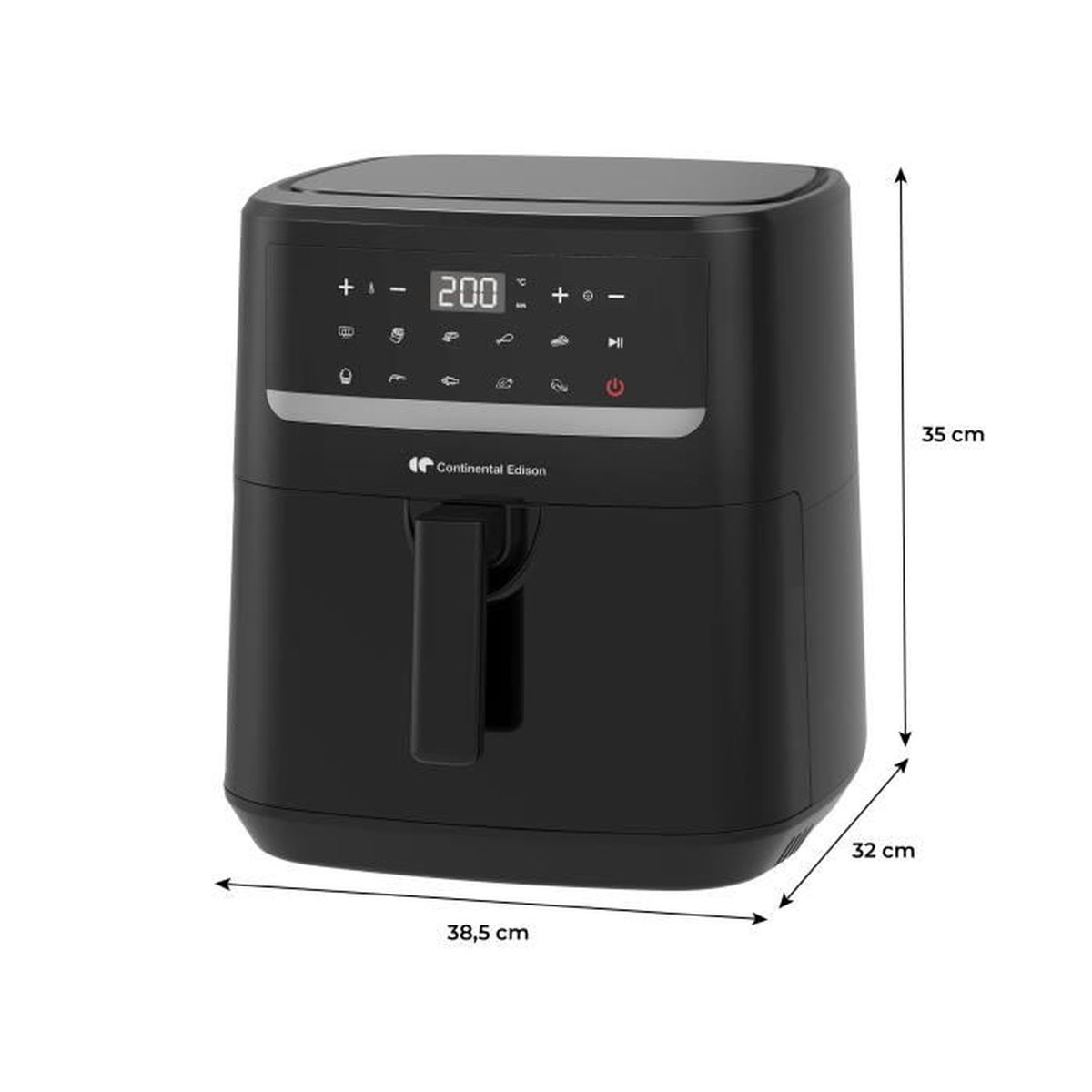 Friggitrice ad aria nera con display digitale a 200 gradi. Dimensioni: 38,5x32x35cm.