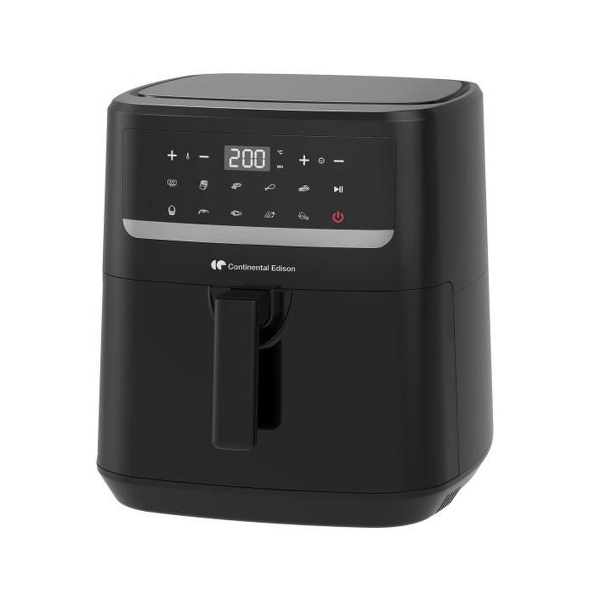 Friggitrice ad aria nera con display digitale e manico.