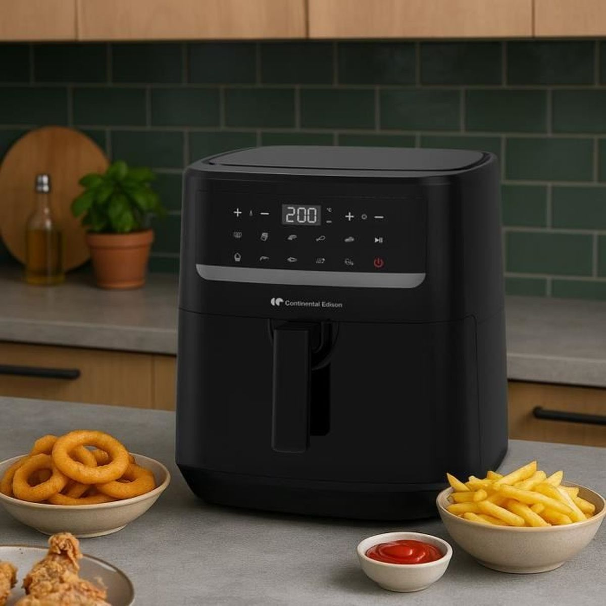 Friggitrice ad aria nera con patatine, anelli di cipolla e ketchup.
