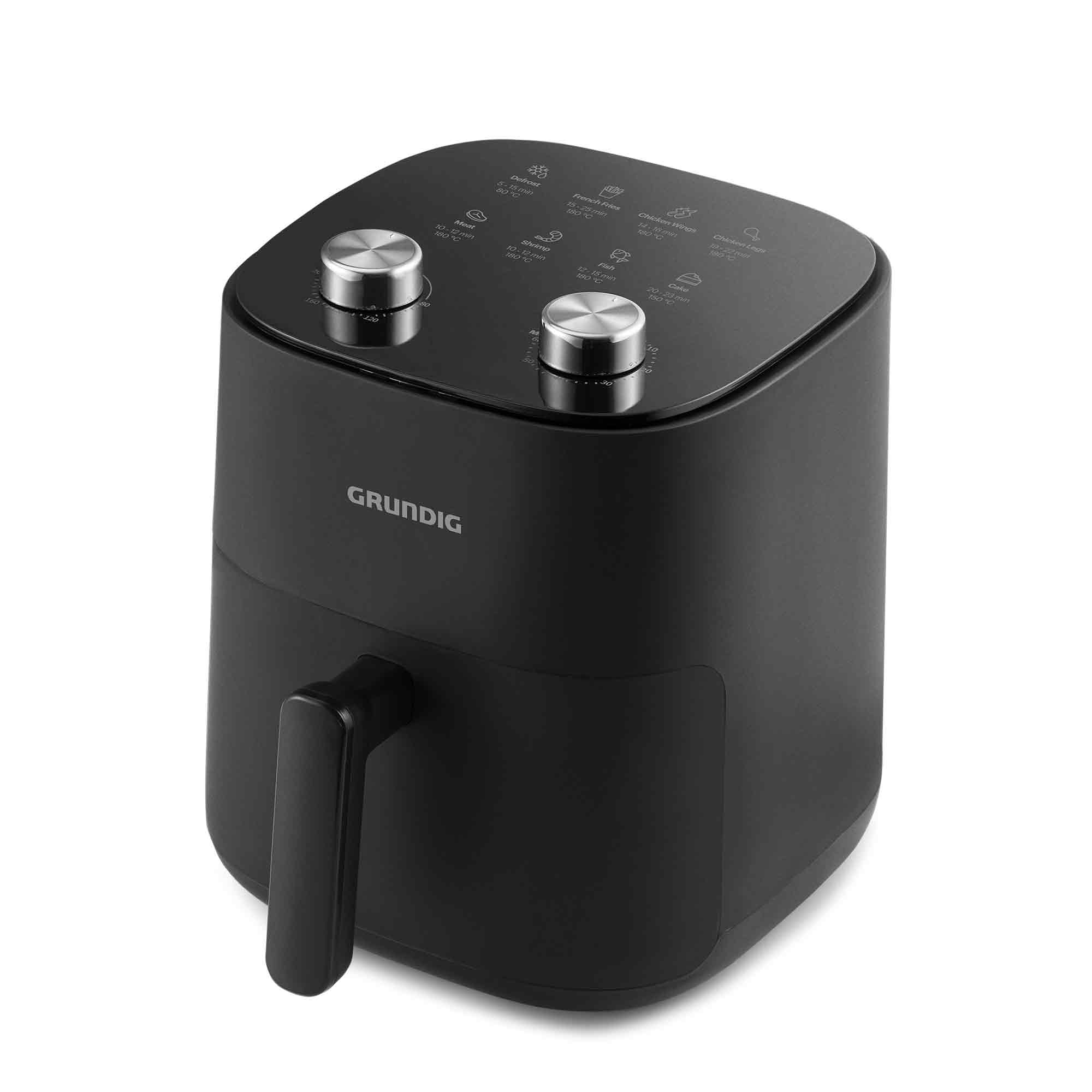 Czarna frytkownica beztłuszczowa Grundig z dwoma pokrętłami i programami.