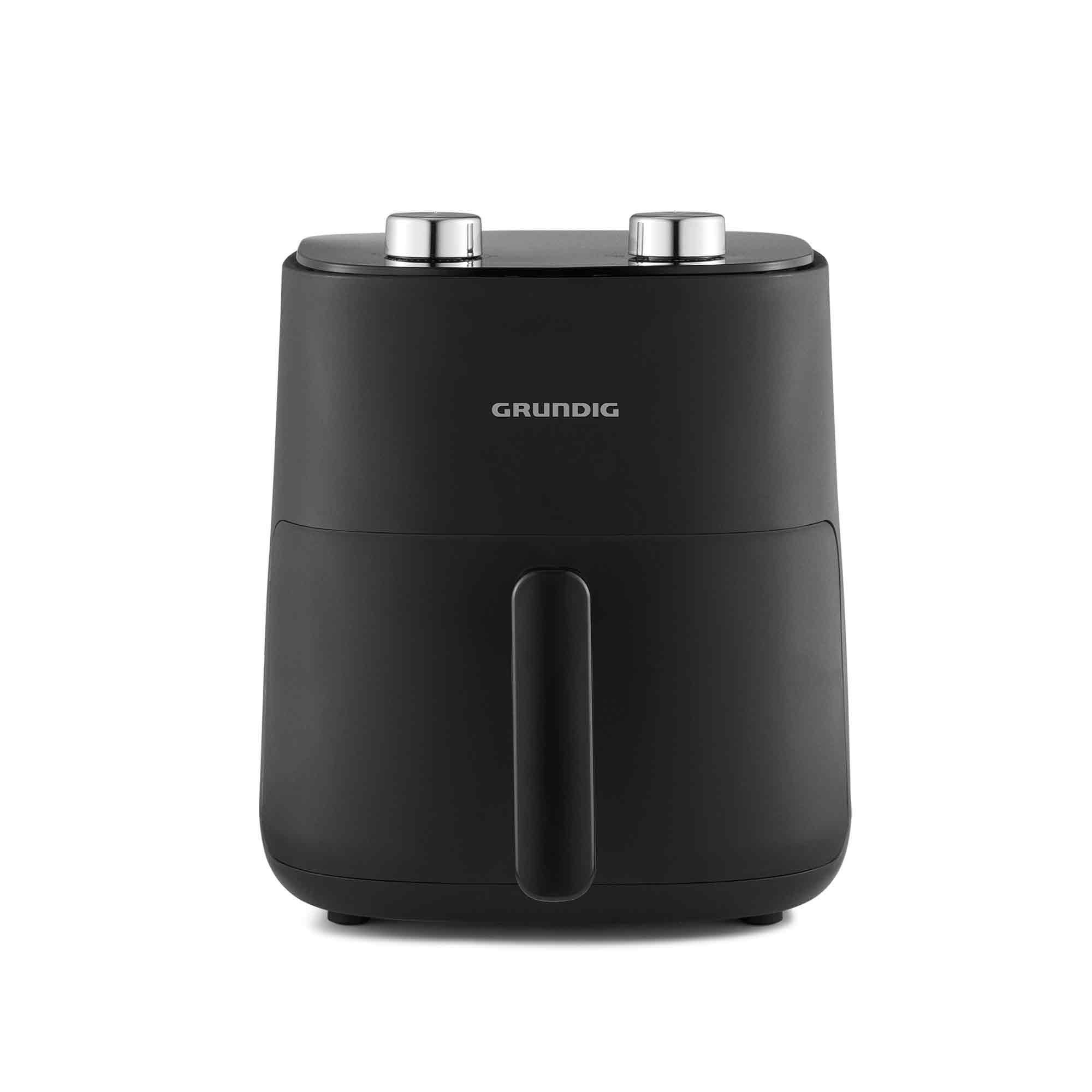 Czarna frytkownica beztłuszczowa Grundig z dwoma srebrnymi pokrętłami na górze.