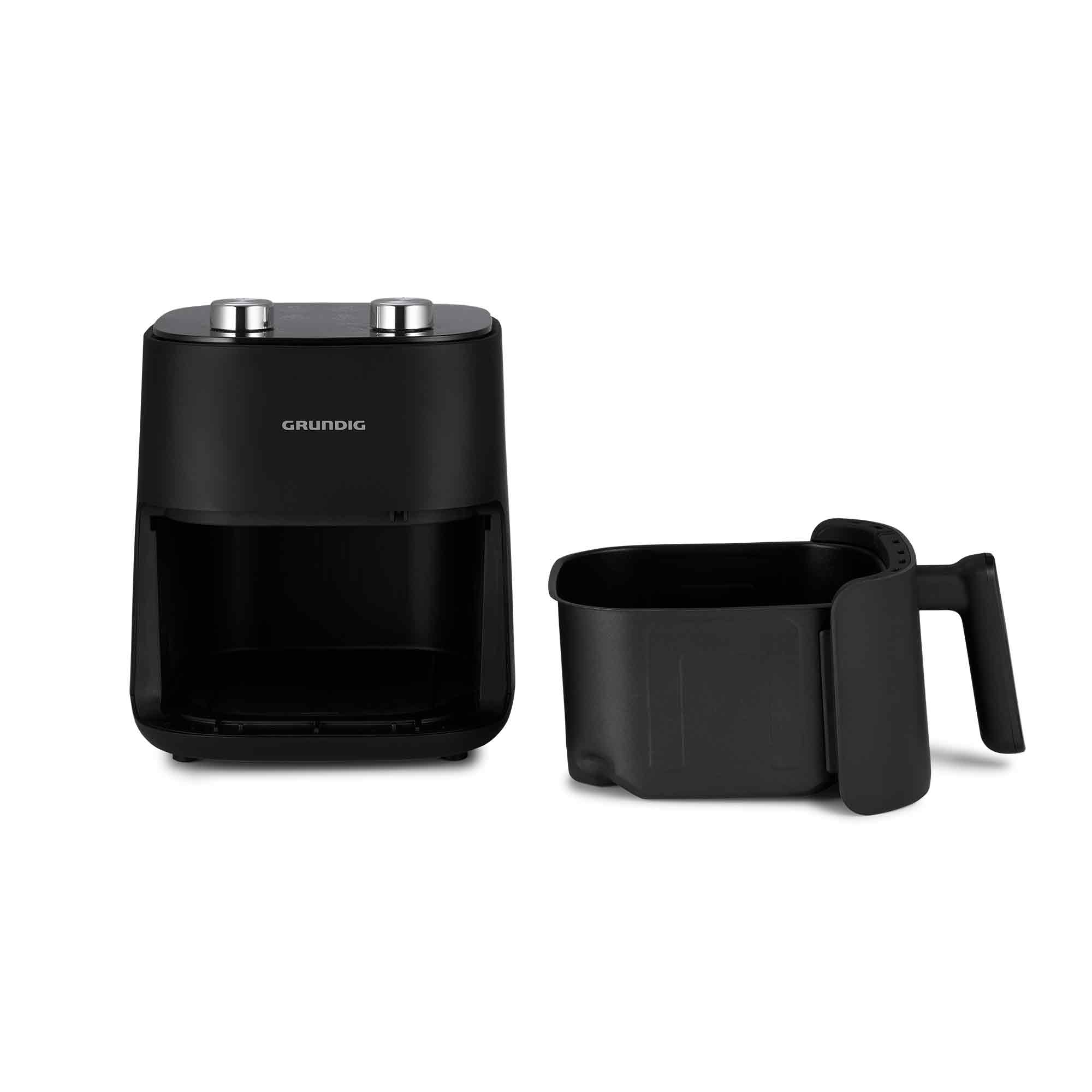 Czarna frytkownica beztłuszczowa z wyjmowanym koszem na białym tle.