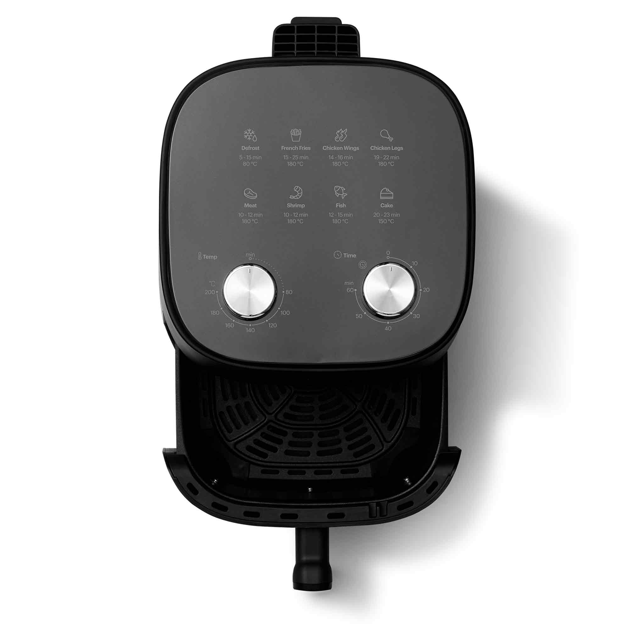 Czarna frytkownica beztłuszczowa z panelem sterowania, pokrętłami temperatury i czasu.