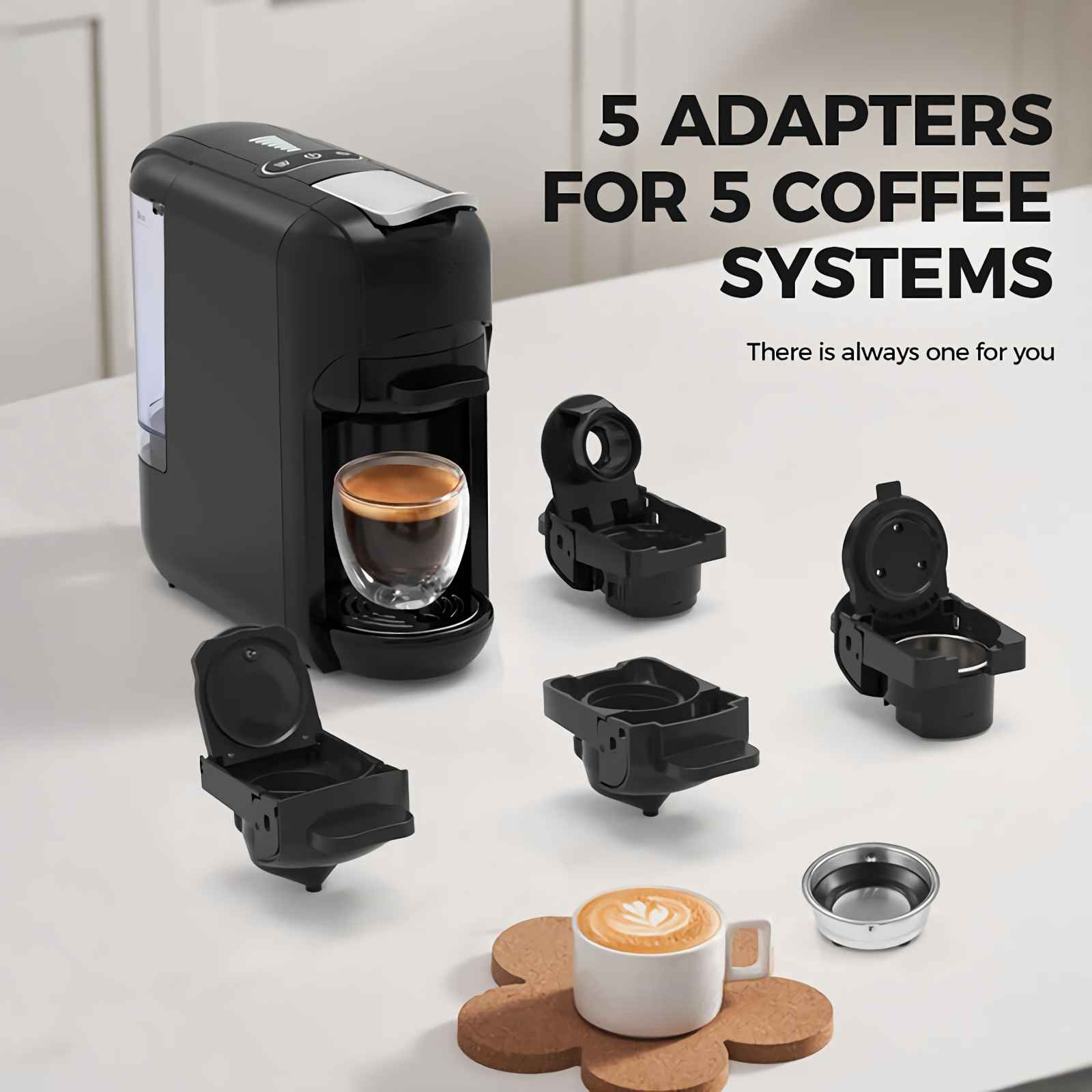 Kaffeemaschine mit 5 Adaptern, Espressotasse, Cappuccino und Kaffeefilter.
