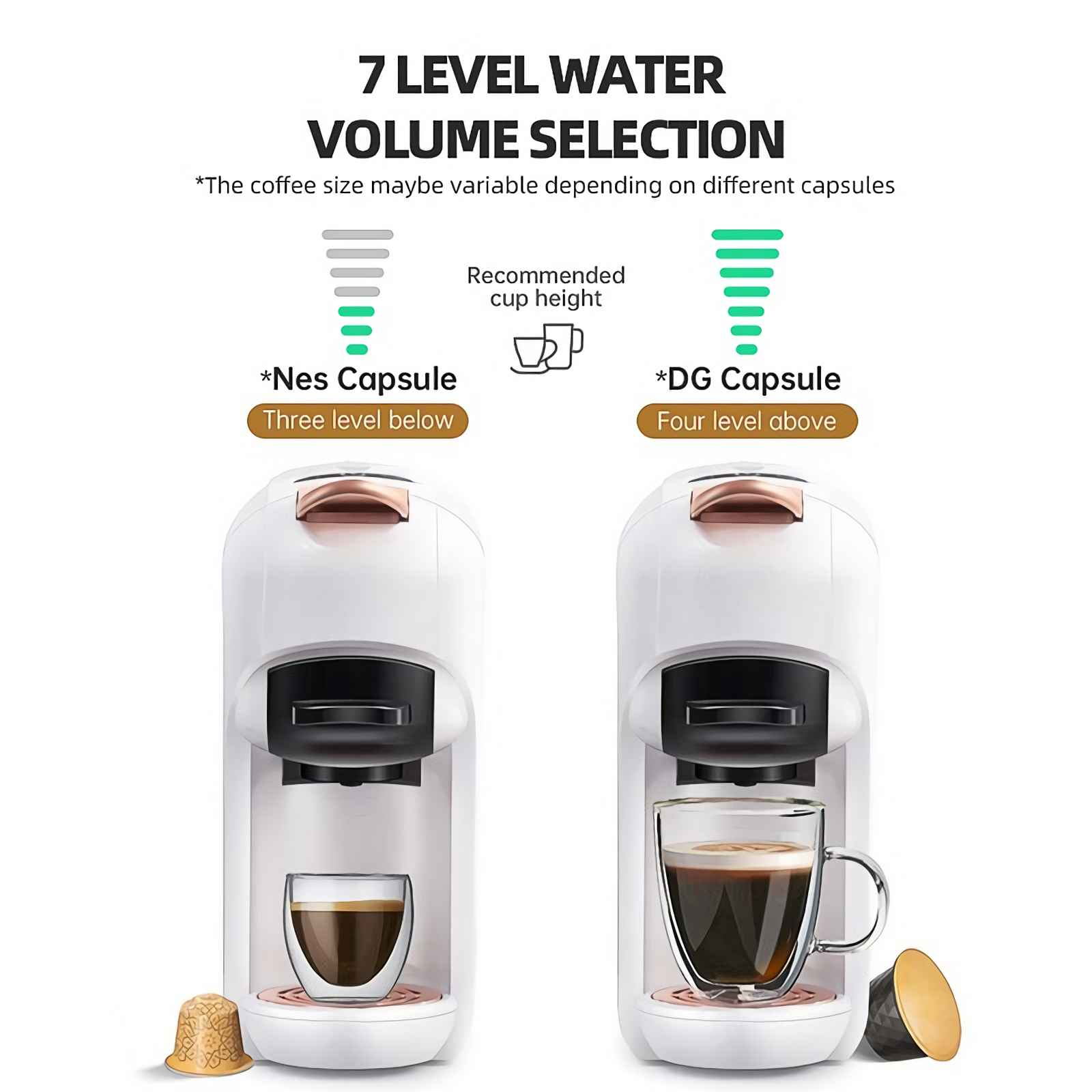 Zwei weiße Kaffeemaschinen nebeneinander, eine mit kleinem Espresso, die andere mit größerem Kaffee.
