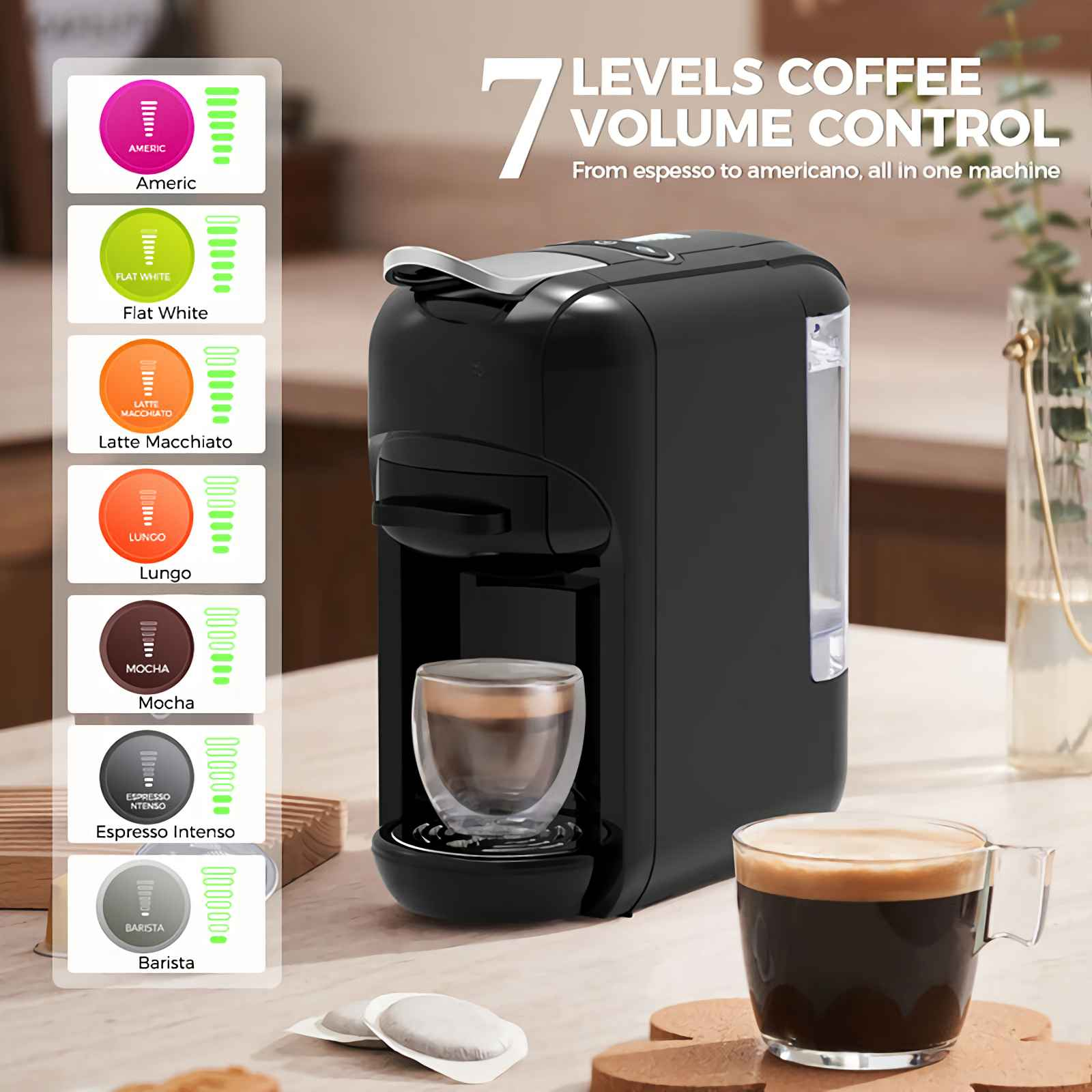 Schwarze Kaffeemaschine mit 7 Lautstärkeregelungen und Kaffeeoptionen.