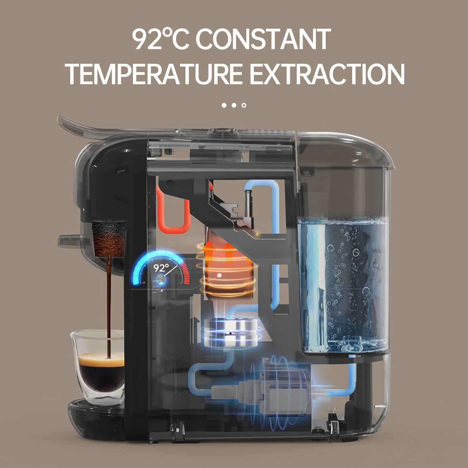 Kaffeemaschine im Schnitt, mit 92°C konstanten Temperatur-Extraktion.