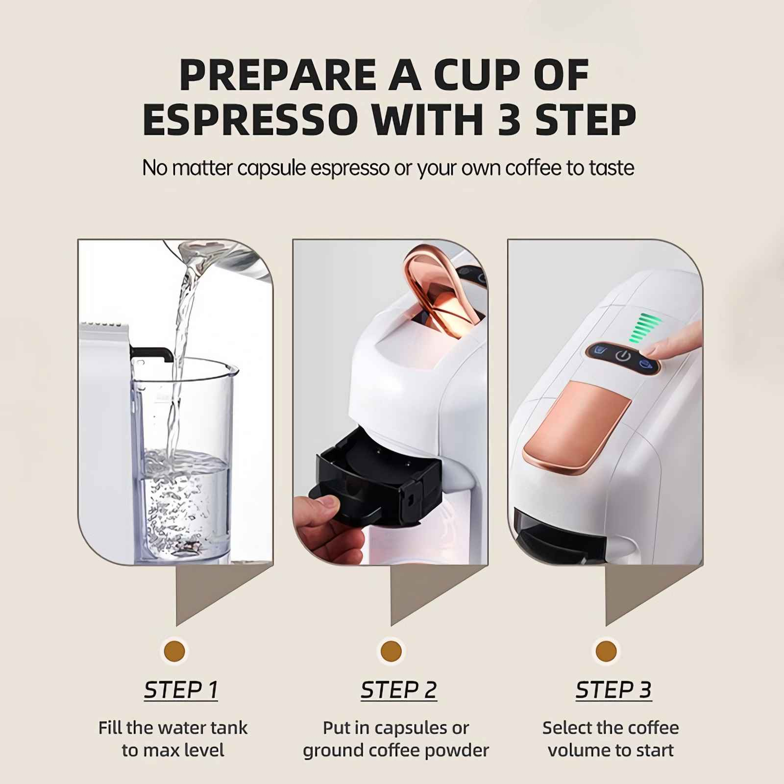 Schritt 1: Wasser einfüllen. Schritt 2: Kapsel/Pulver einlegen. Schritt 3: Kaffeevolumen wählen.