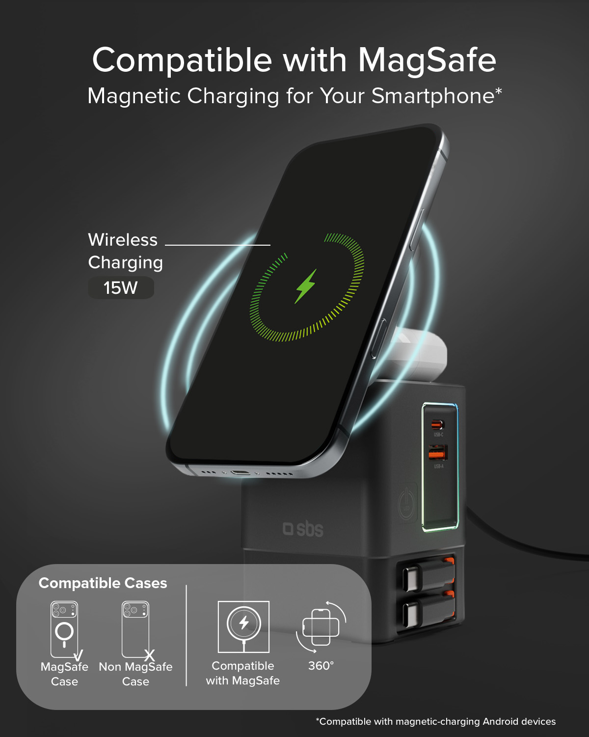 Uno smartphone si ricarica wireless a 15W su un caricatore SBS nero.