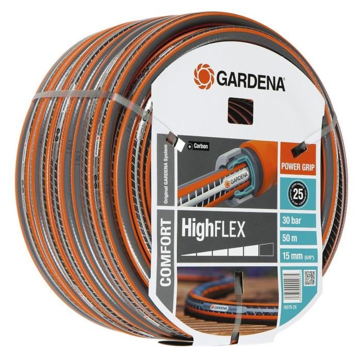 Gartenschlauchrolle mit Gardena HighFLEX Comfort Etikett.
