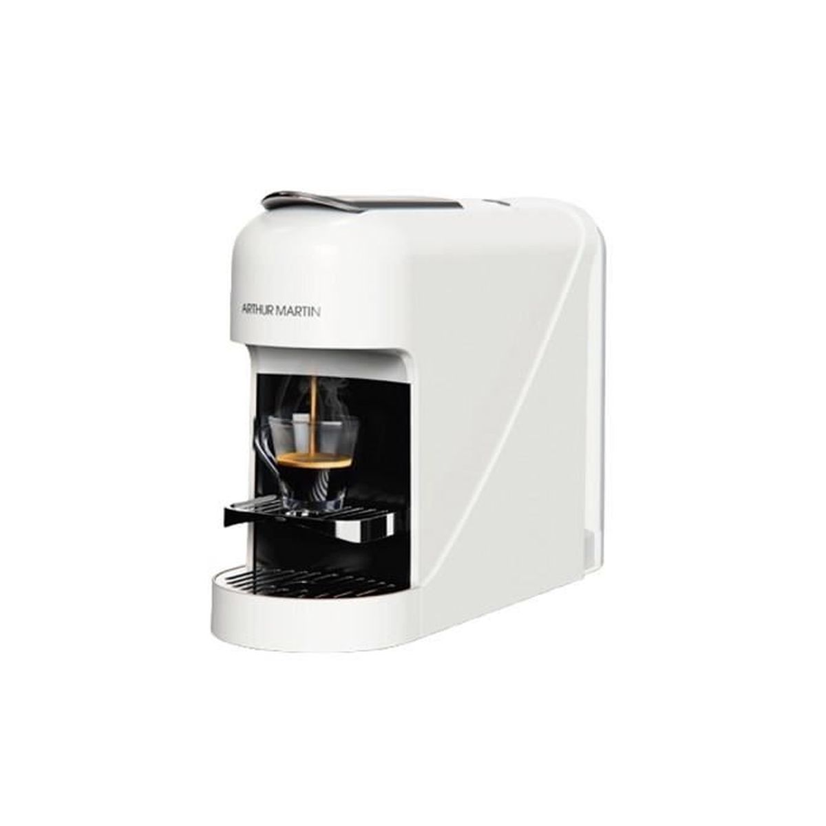 Eine weiße Kapselkaffeemaschine brüht Kaffee in ein Glas.