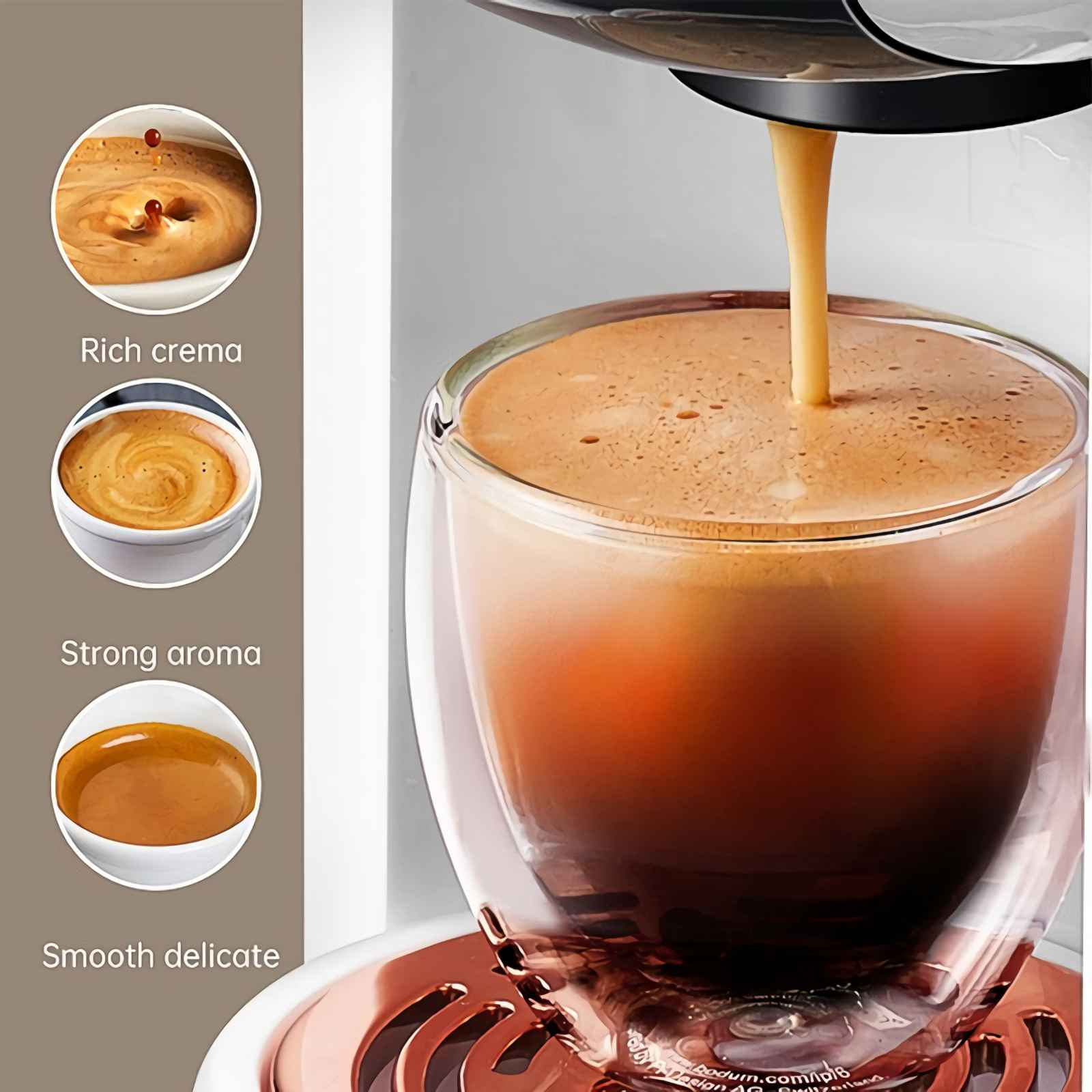 Kaffee fließt in ein Glas mit Schaum. Kleine Bilder zeigen cremigen Schaum.