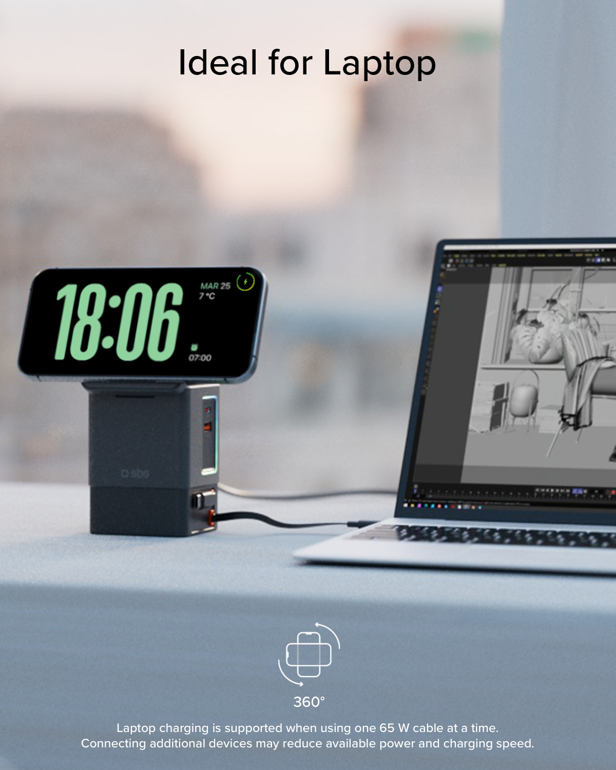 Un laptop, un caricatore e uno smartphone che mostrano ora e data.