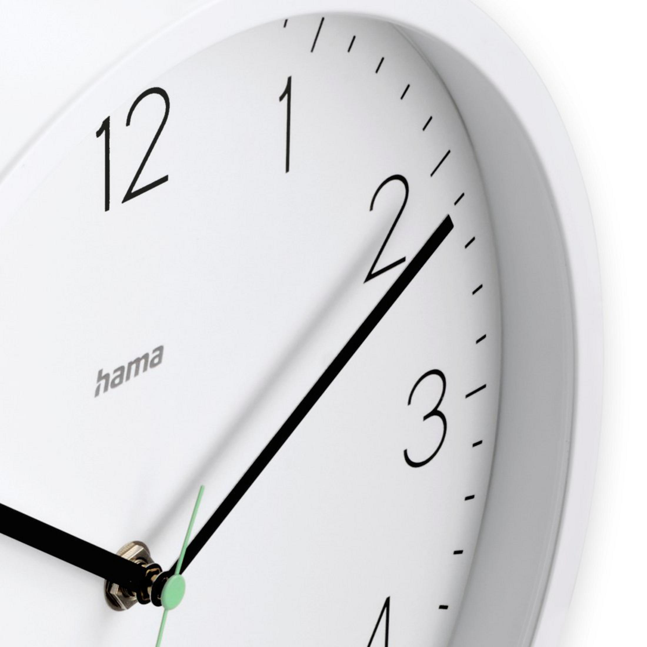 Primo piano di un orologio da parete bianco con lancette e segni neri.