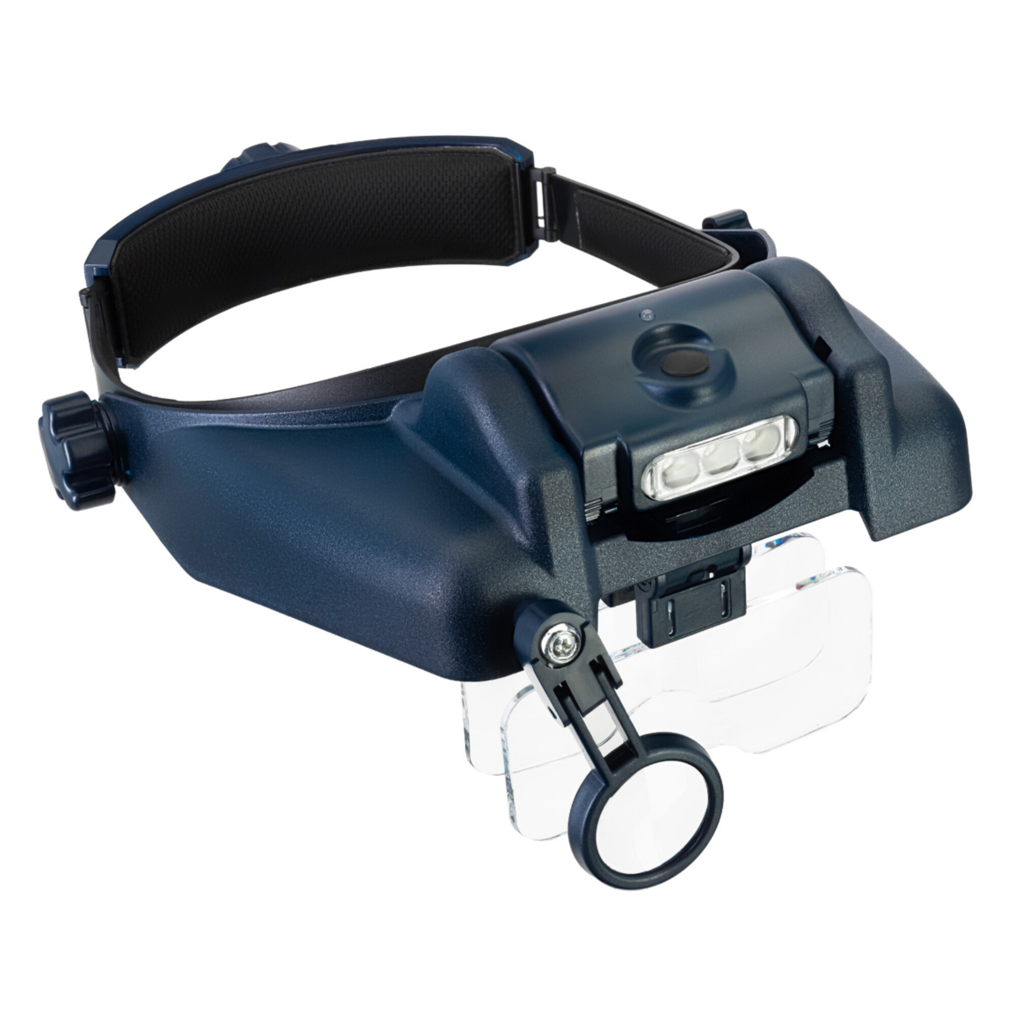 Dunkelblaue Stirnlupe mit Stirnband, LED-Leuchten und Lupen.