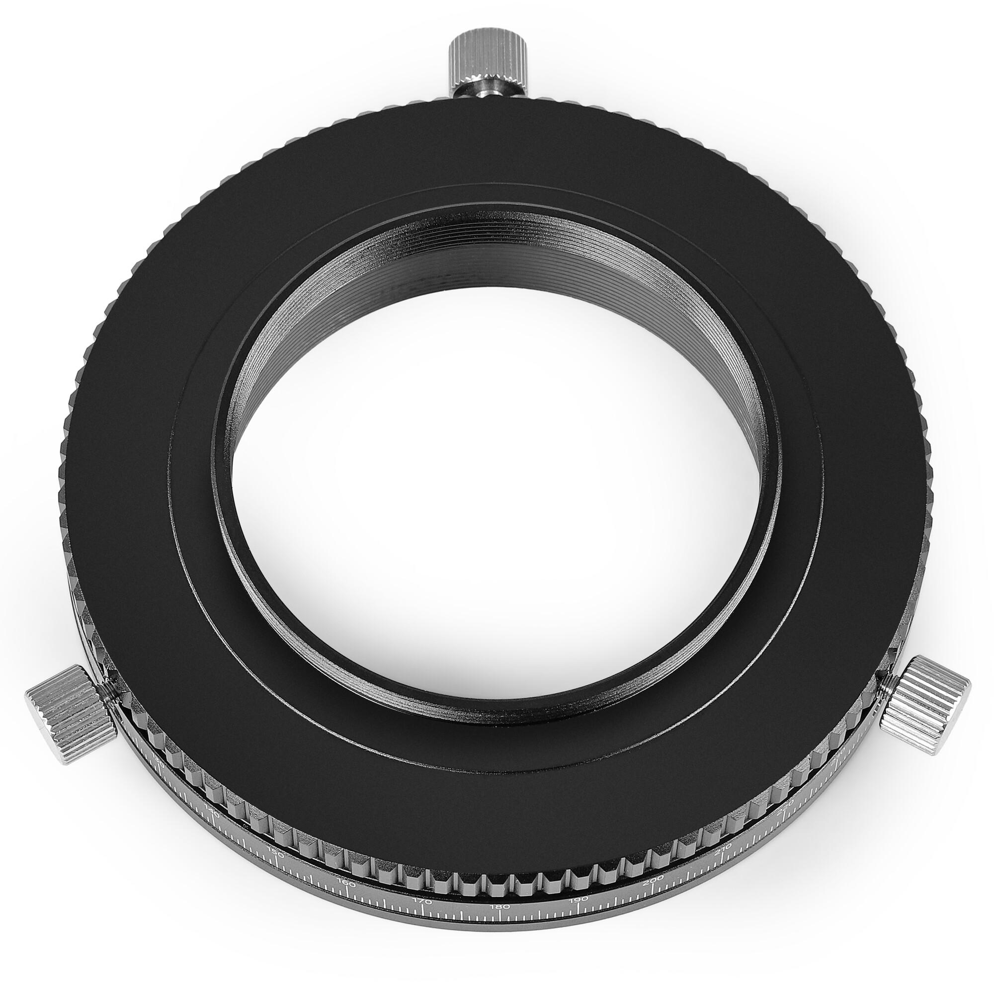 Ein schwarzer, runder Adapterring mit Rändelschrauben und Skalenmarkierungen.