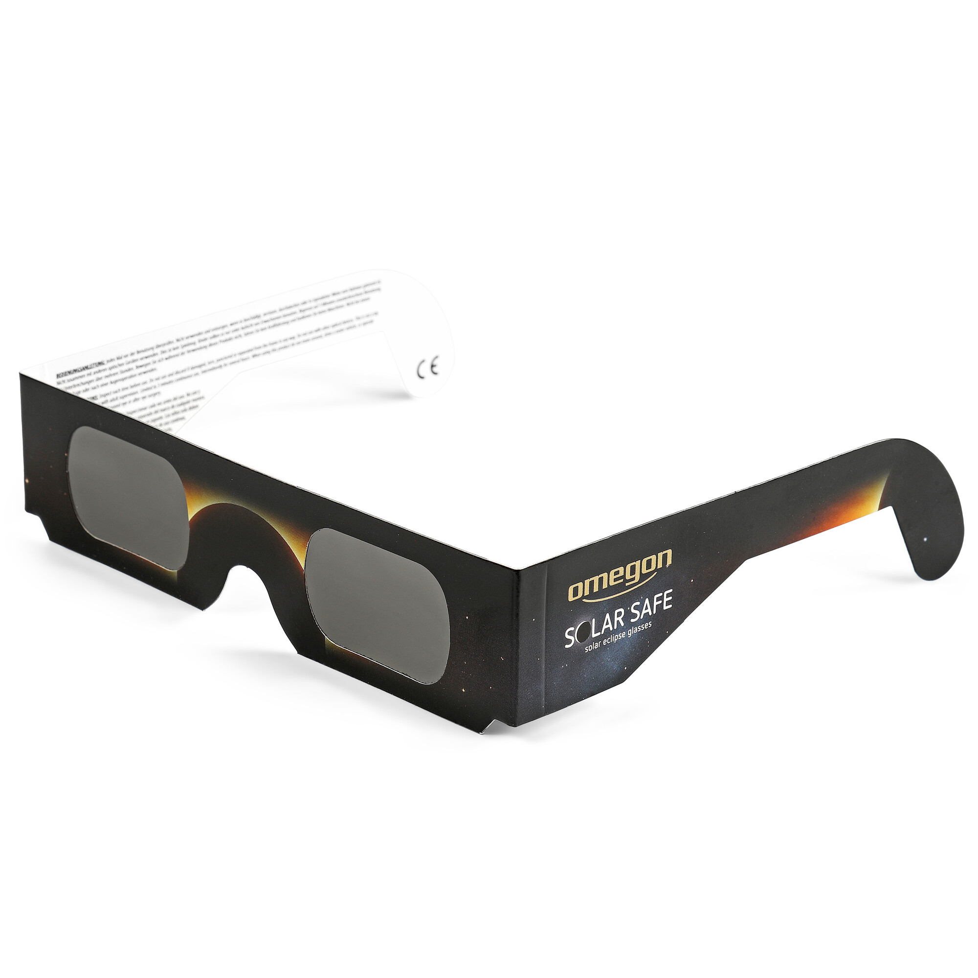 Schwarze Papp-Sonnenfinsternisbrille mit Omegon-Logo und Sternenmuster.
