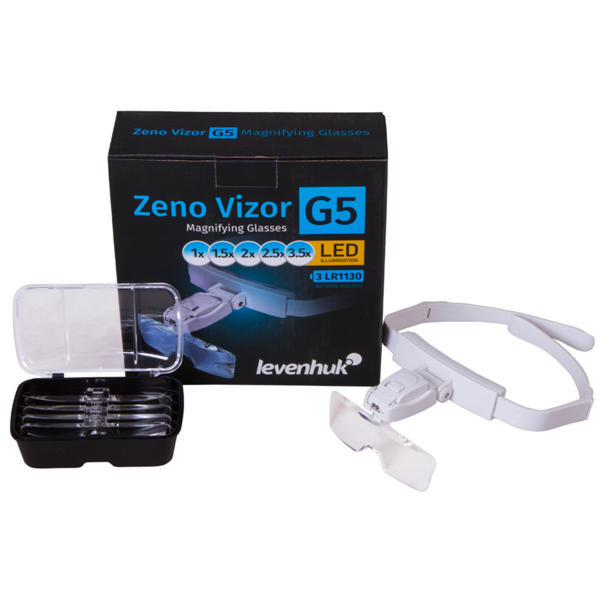 Occhiali ingranditori Levenhuk Zeno Vizor G5 con accessori e scatola.