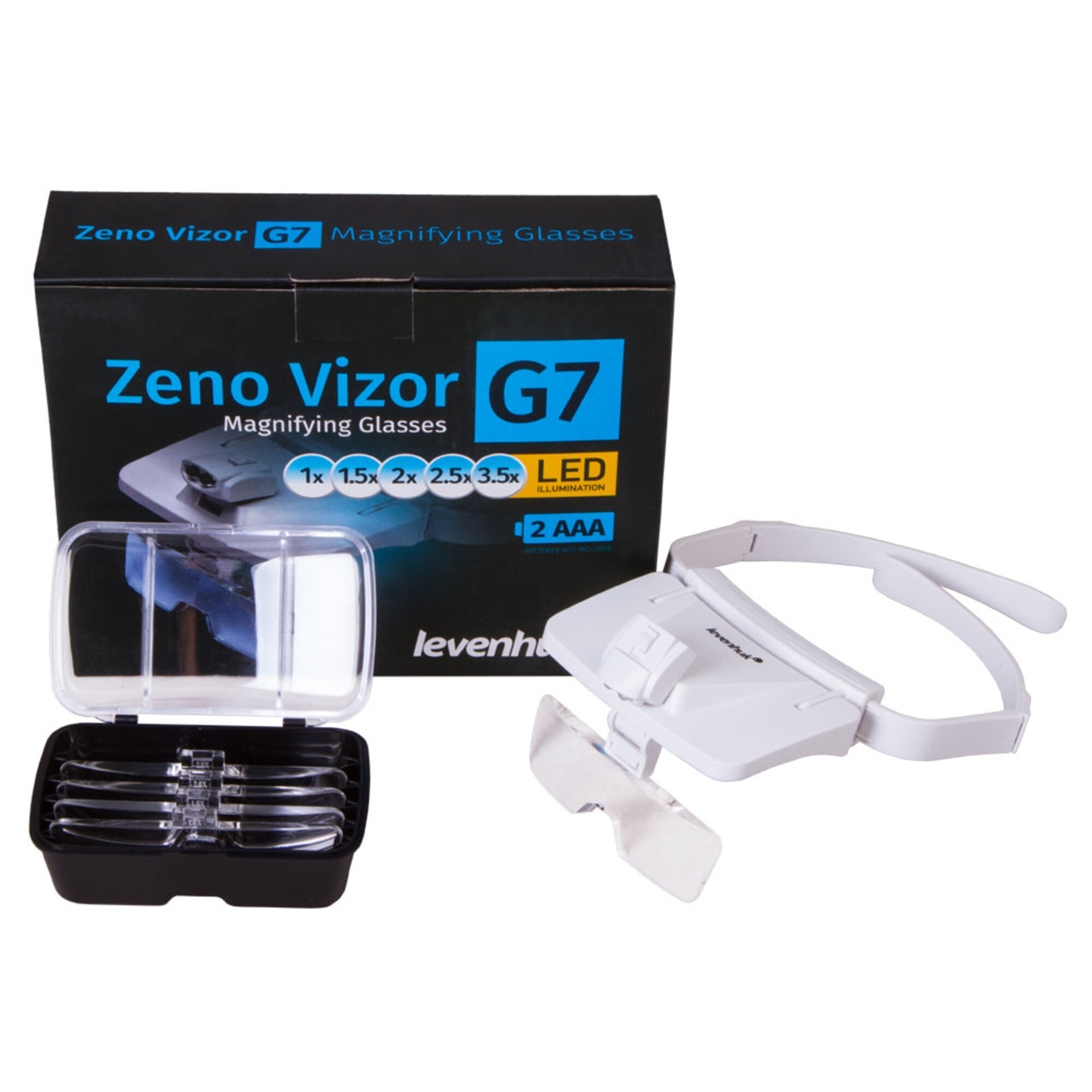 Un set di ingrandimento Zeno Vizor G7 con fascia e custodia.