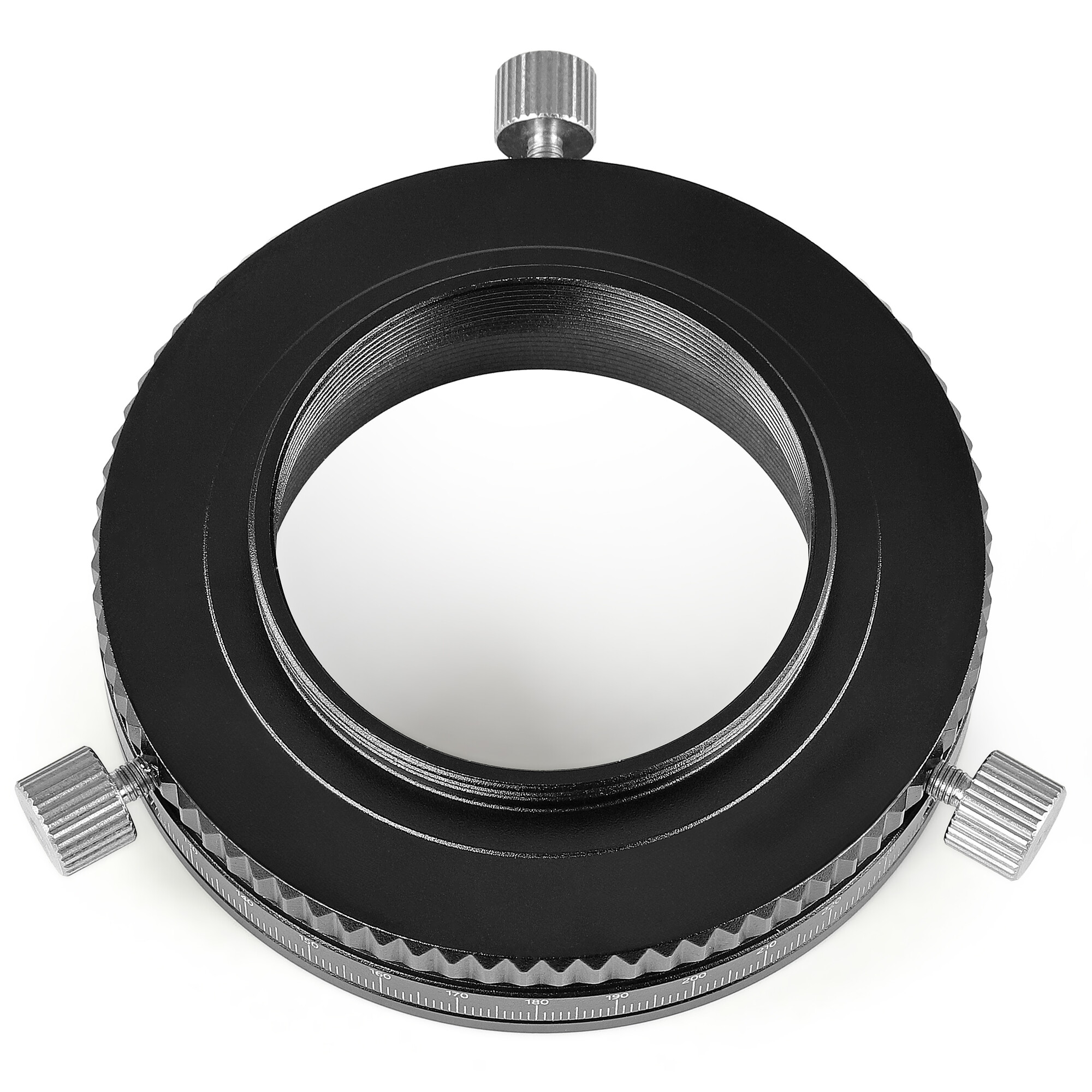 Ein schwarzer Adapterring mit drei Rändelschrauben und Skalenmarkierungen.