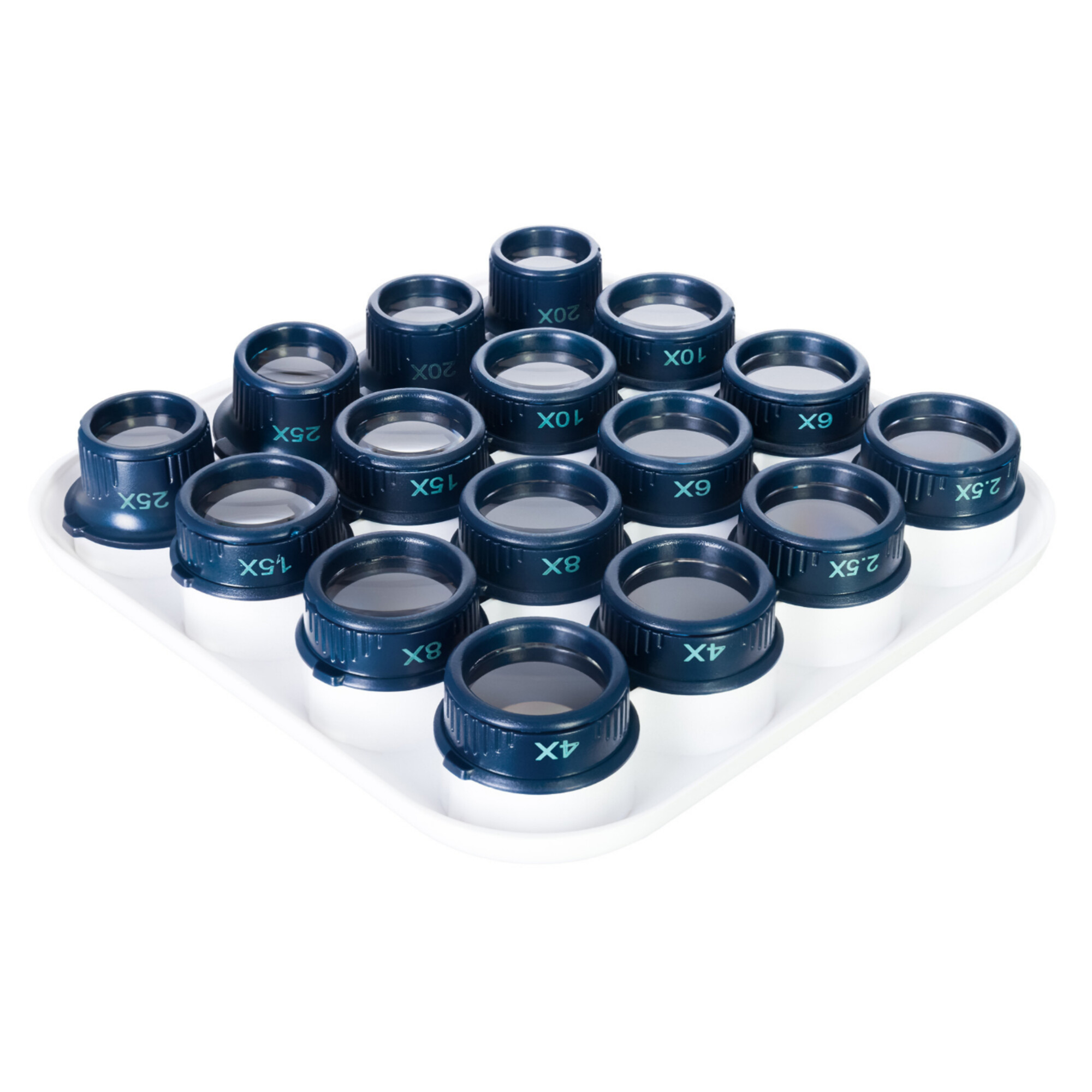 Eine weiße Unterlage mit vielen Lupen mit blauen Ringen und Vergrößerungsangaben.