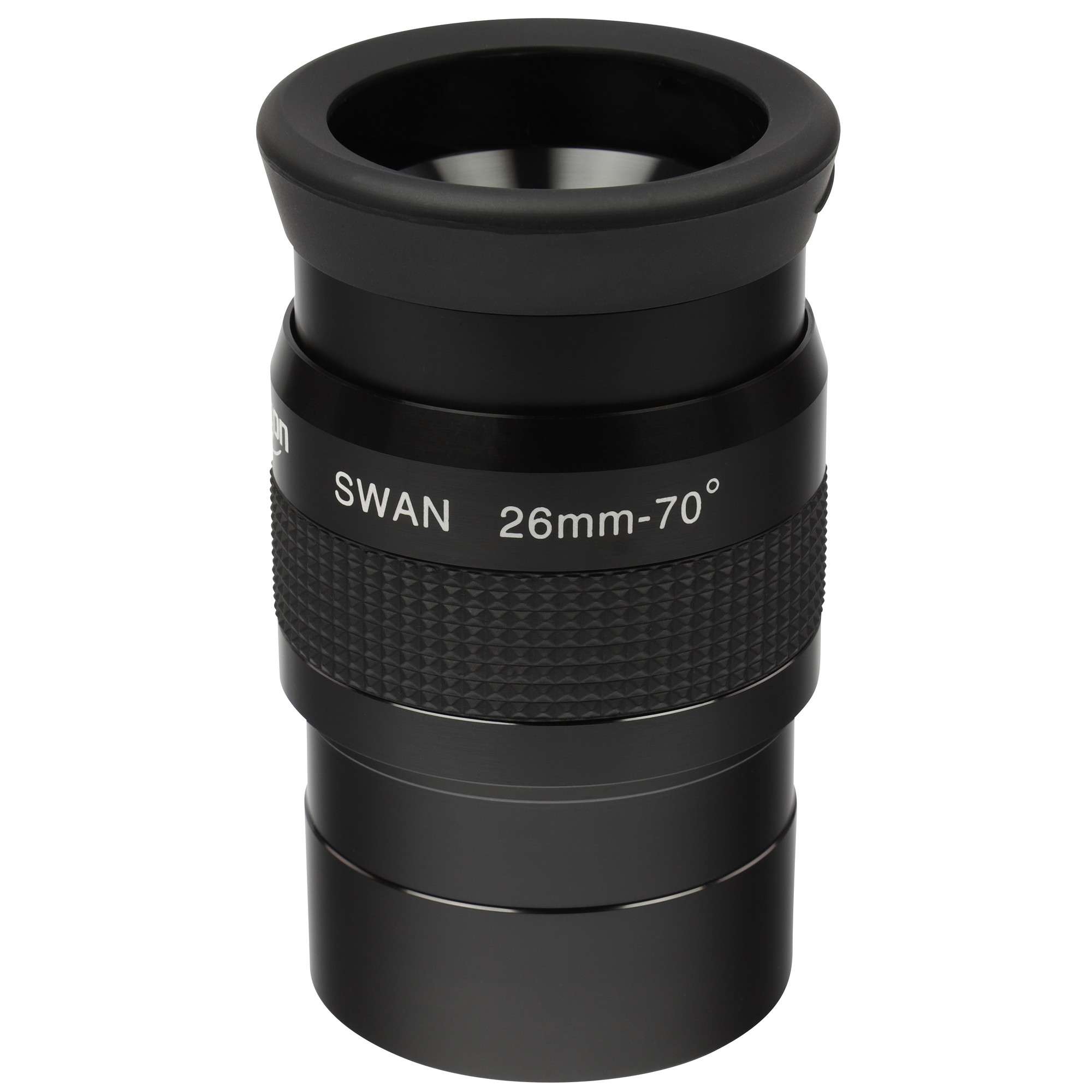 Ein schwarzes Okular mit der Aufschrift "SWAN 26mm-70°" und gerändeltem Griff.
