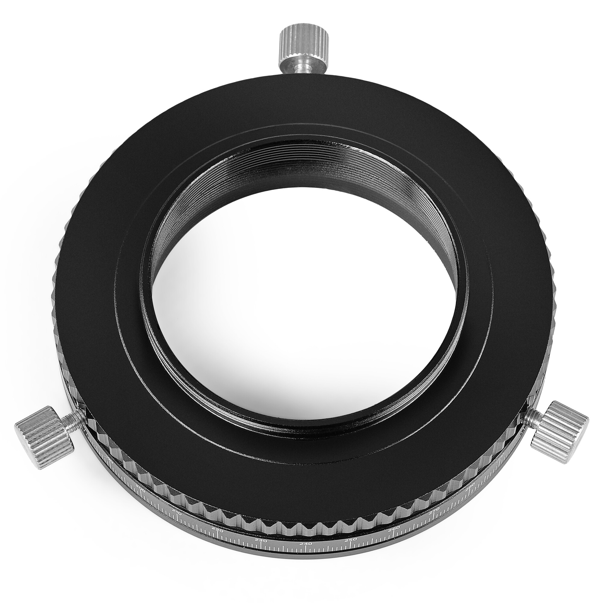 Schwarzer Ring mit drei Rändelschrauben und Skalenmarkierungen.