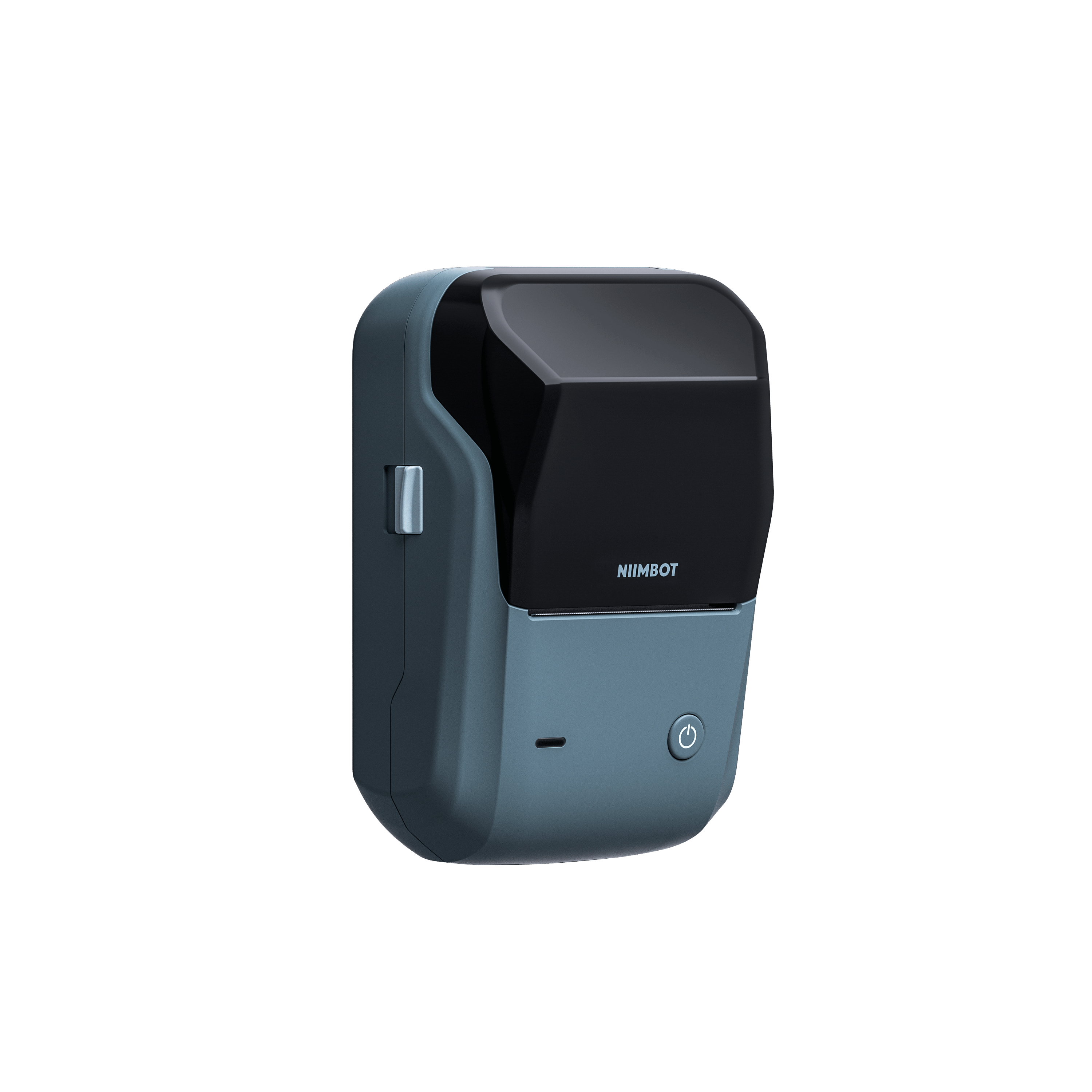 Szara drukarka Nimbot z czarną pokrywą i przyciskiem zasilania.