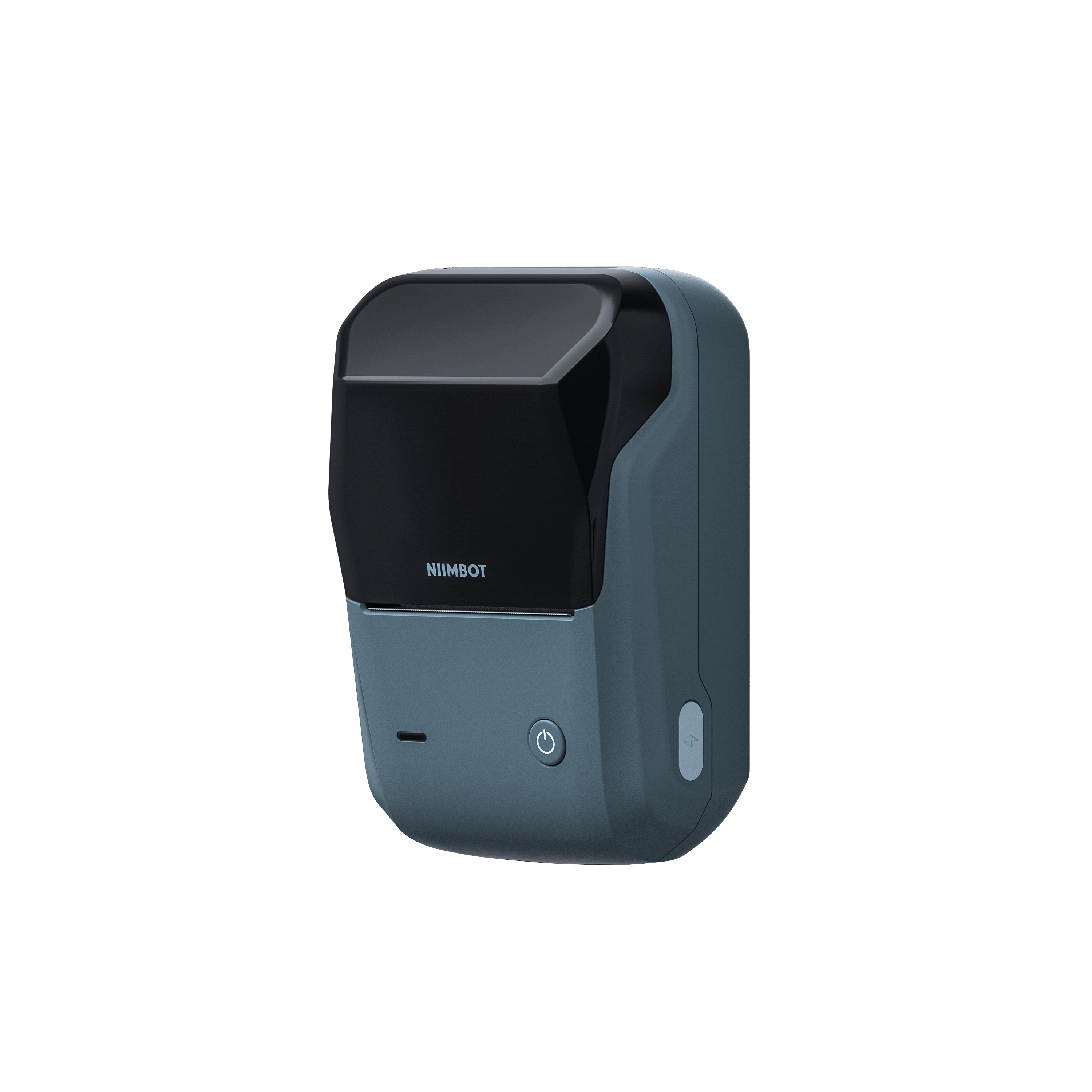 Szara drukarka NIIMBOT z czarnym okienkiem i przyciskiem zasilania.