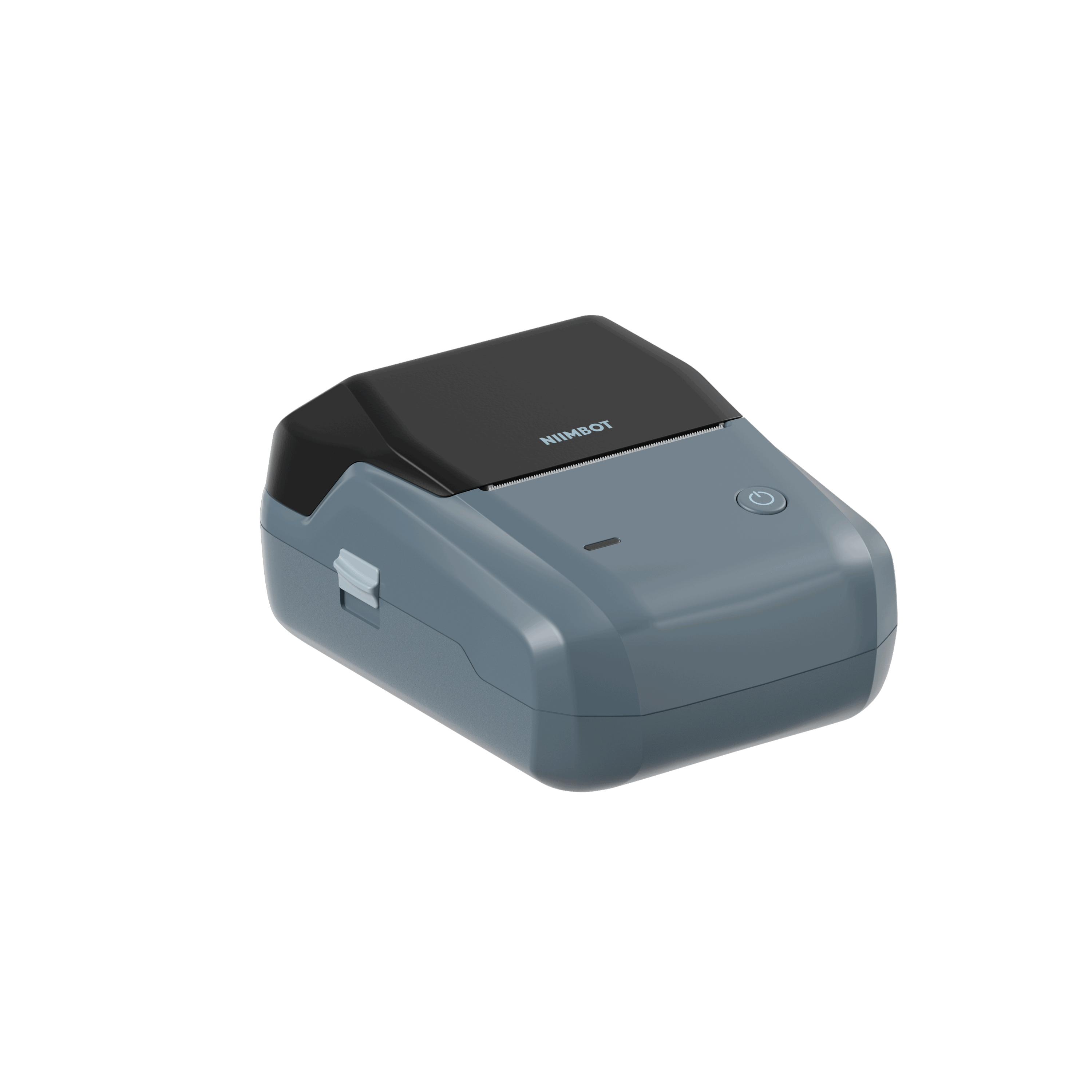Szaroniebieska drukarka etykiet Nimbot z czarnym wierzchem.