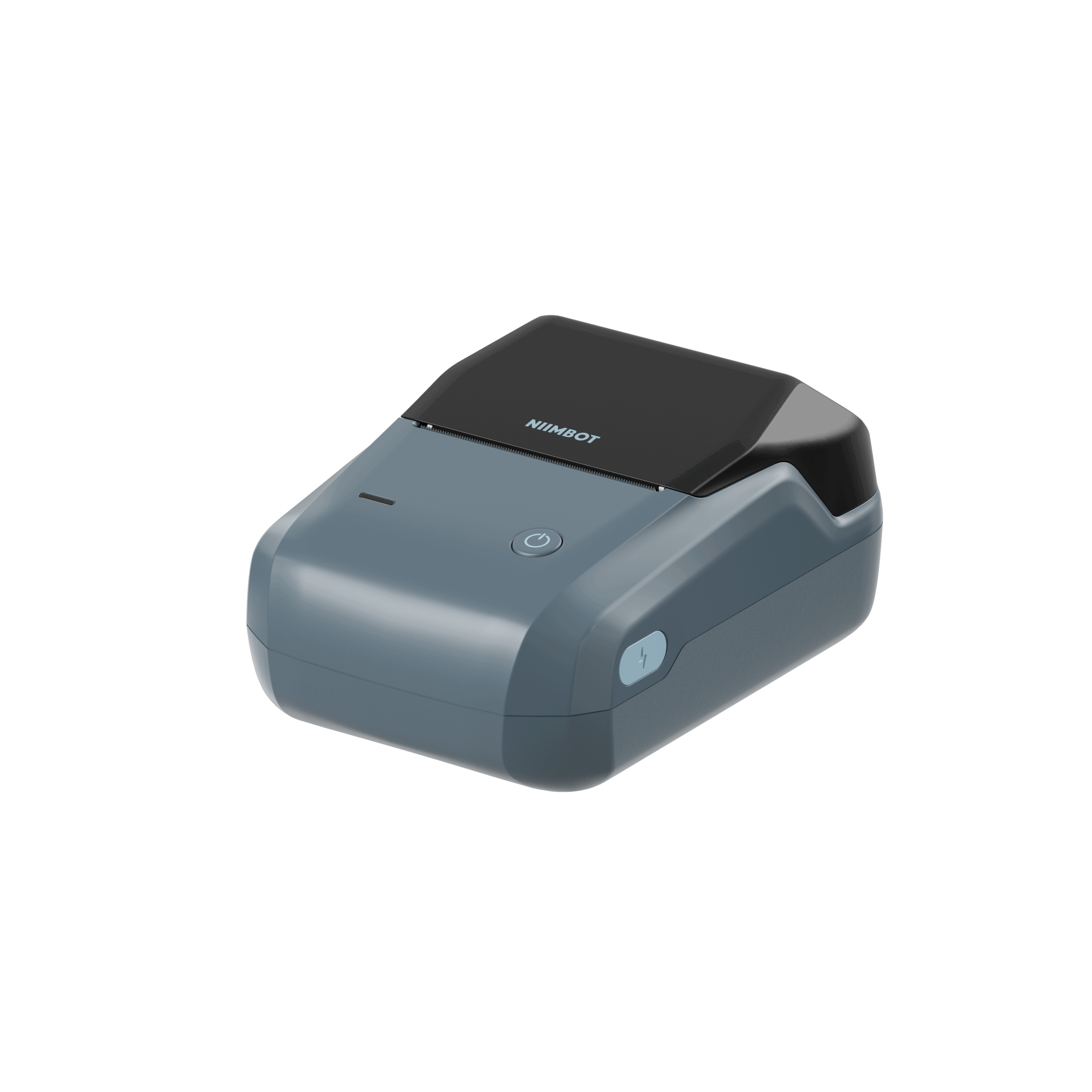 Szara drukarka z czarną pokrywą i logo NIIMBOT. Widoczny przycisk zasilania.