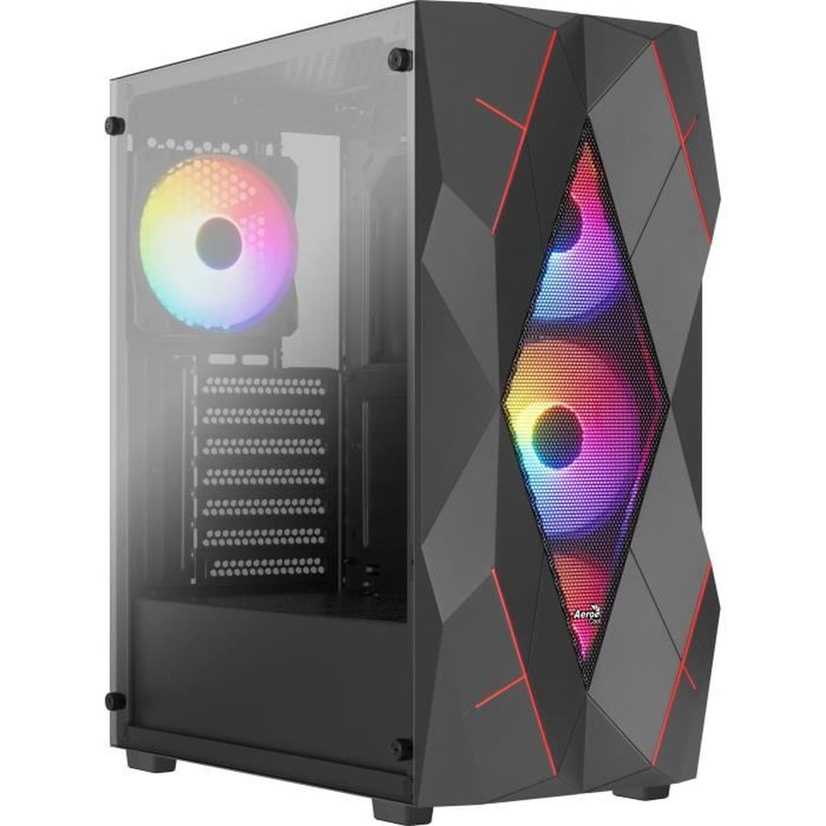Case del computer nero con ventole RGB e finestra in vetro.