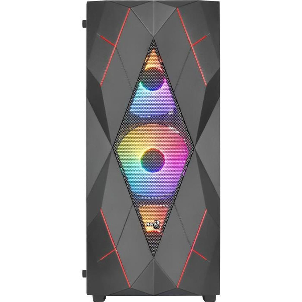 Un case PC nero con ventole RGB e accenti rossi.