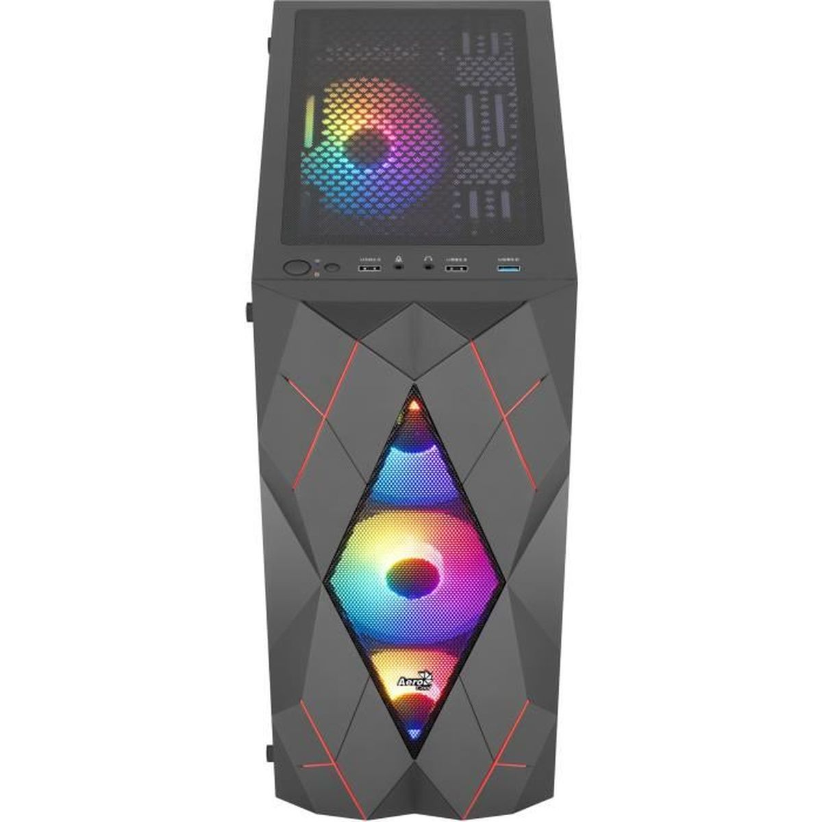 Un case PC nero con ventole RGB e illuminazione d'accento rossa.
