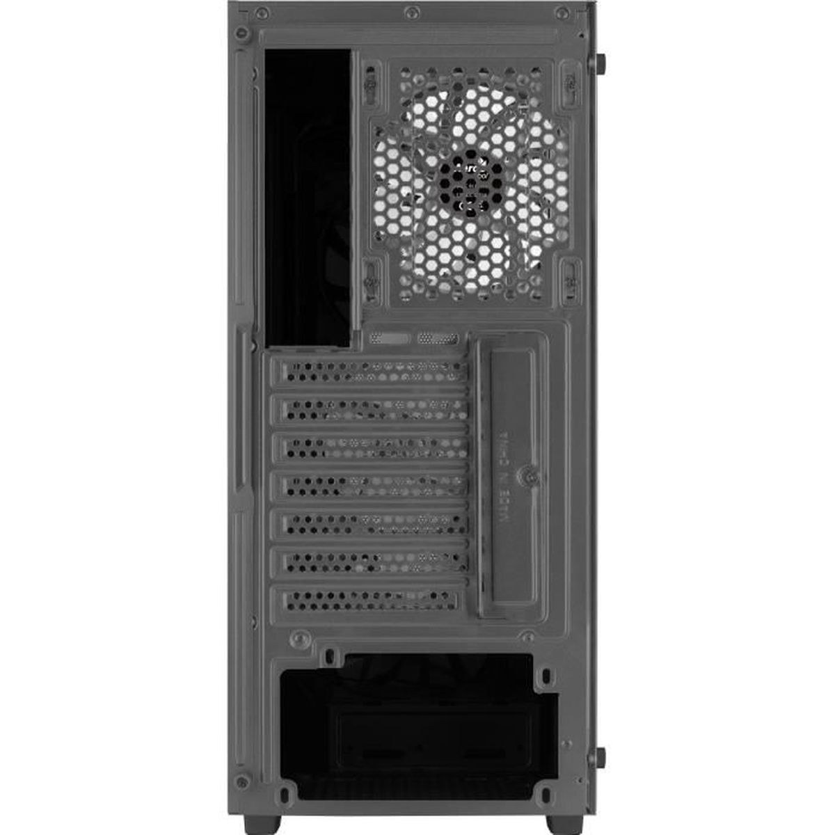 Vista posteriore di un case per computer grigio con ventola e porte.