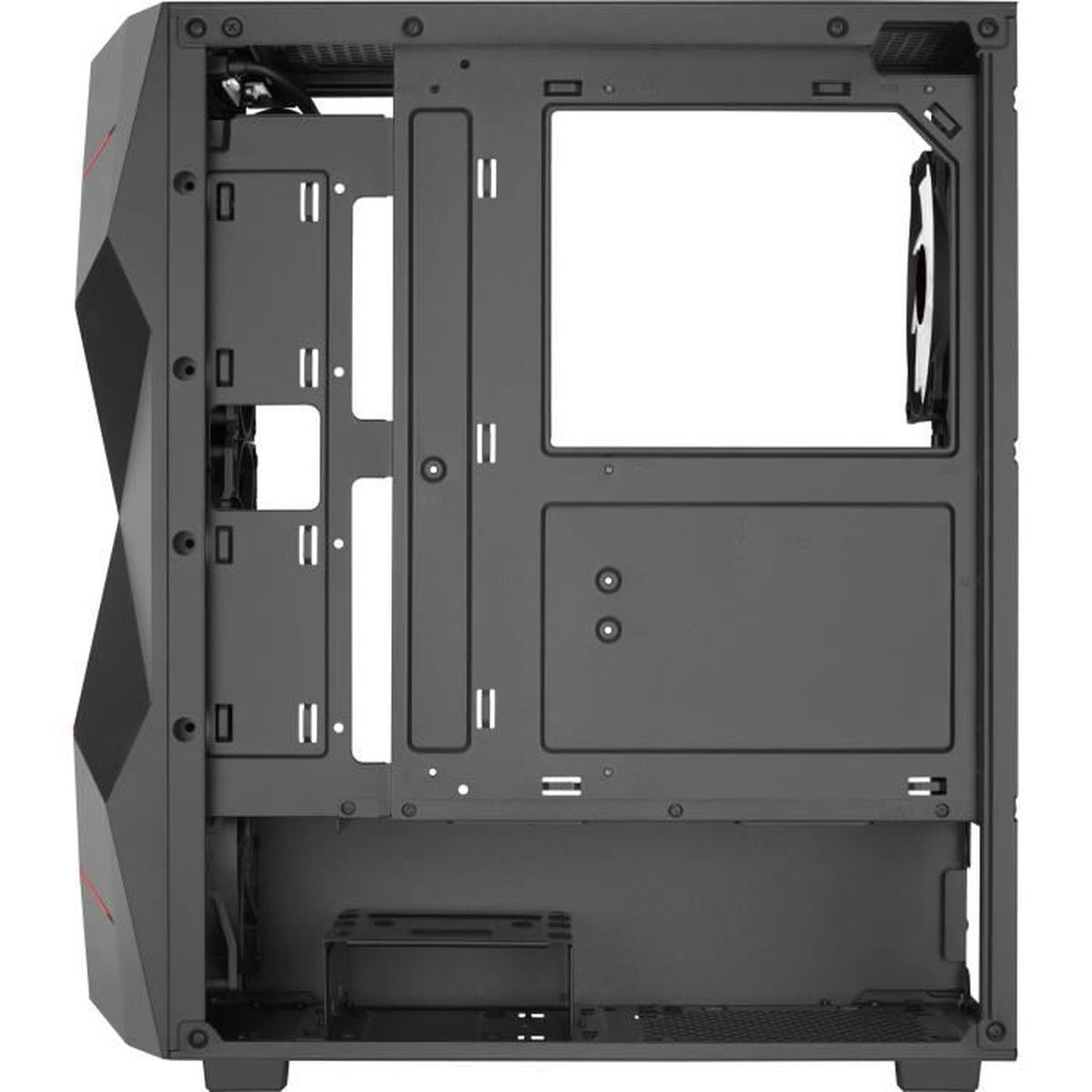 Un case per computer nero, vista posteriore, con apertura per ventola.