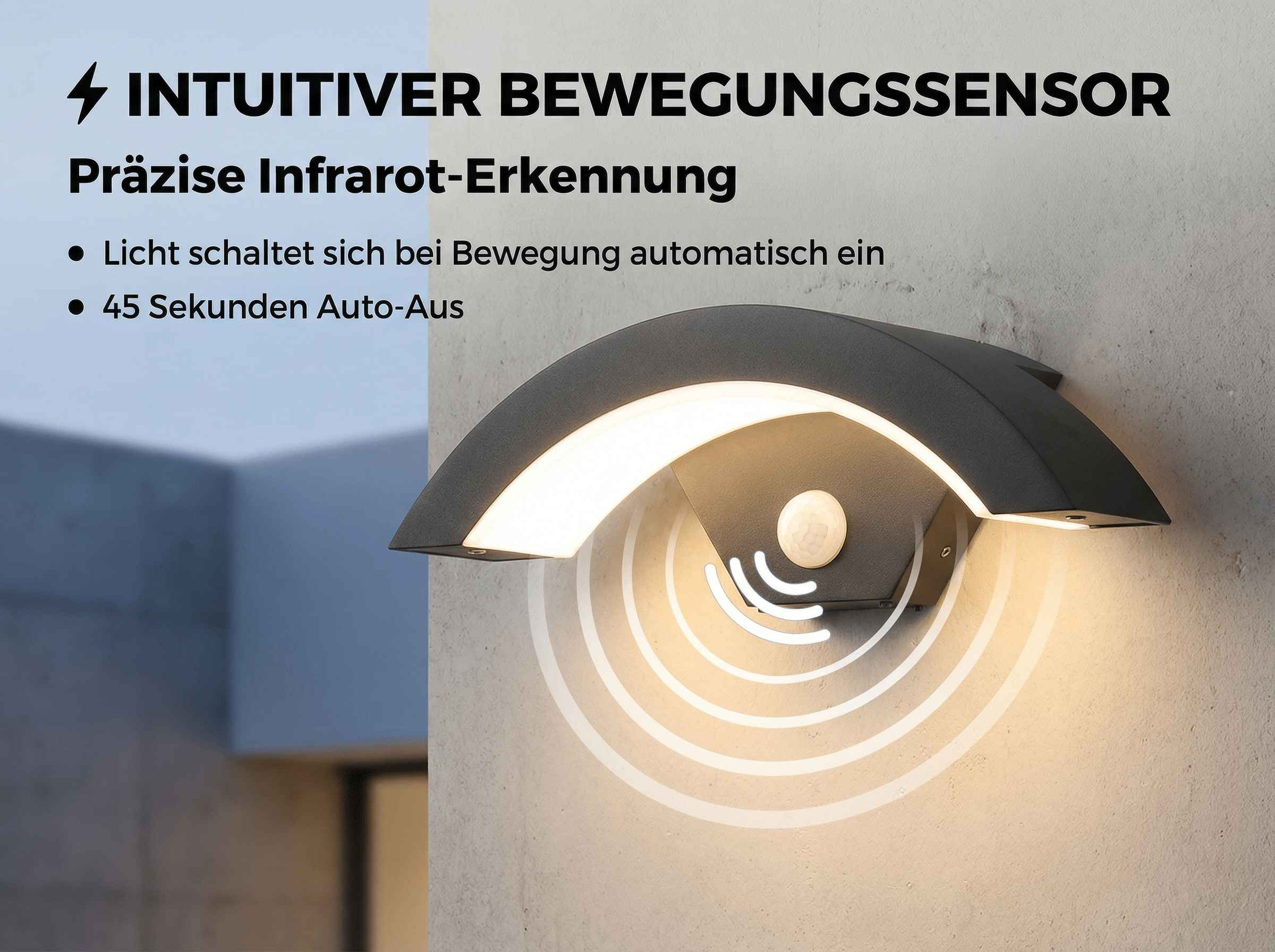 Ein moderner Bewegungsmelder mit Infrarot-Erkennung leuchtet automatisch auf.