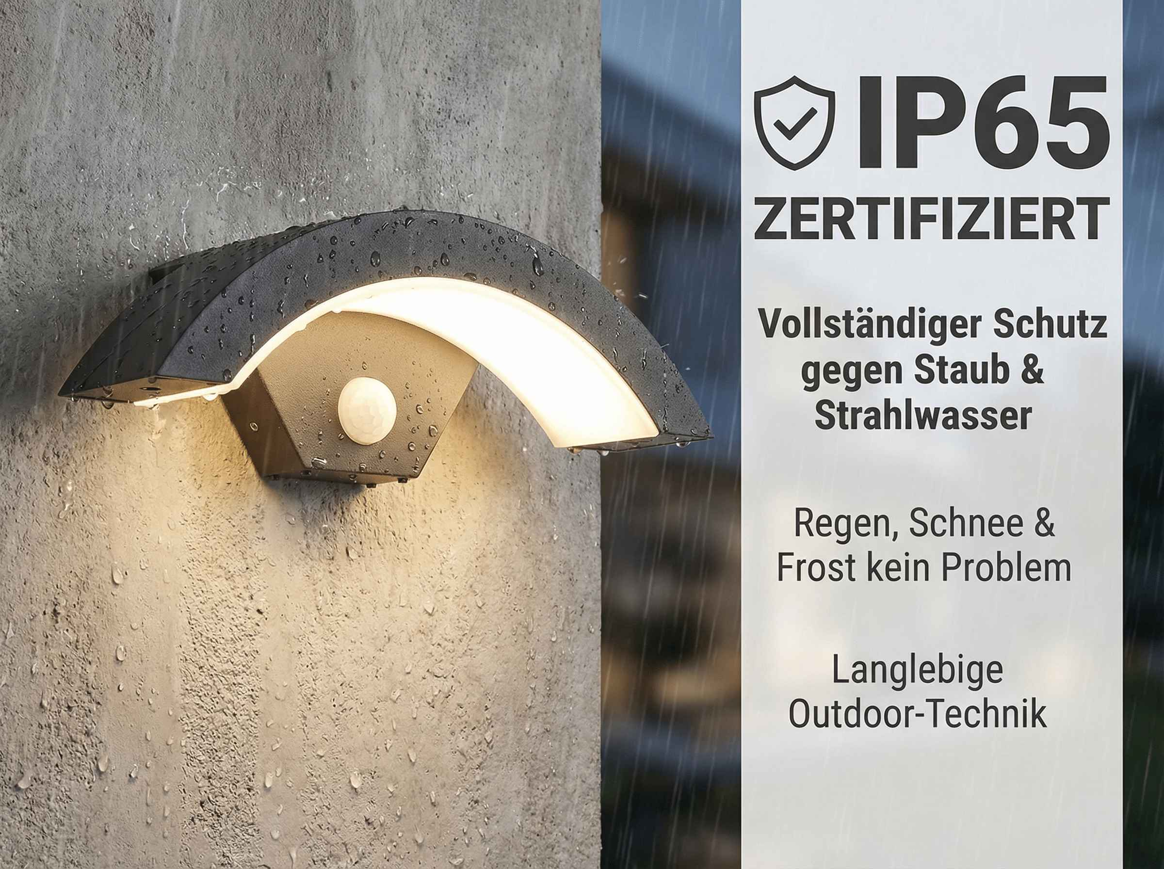 Eine moderne Außenleuchte mit IP65 Zertifizierung, schützt vor Staub und Wasser.