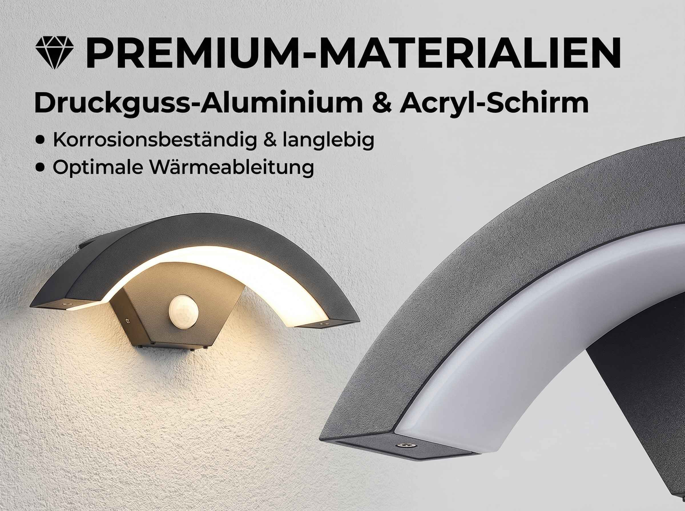Graue Wandleuchte aus Aluminium mit Acrylschirm und Bewegungsmelder.