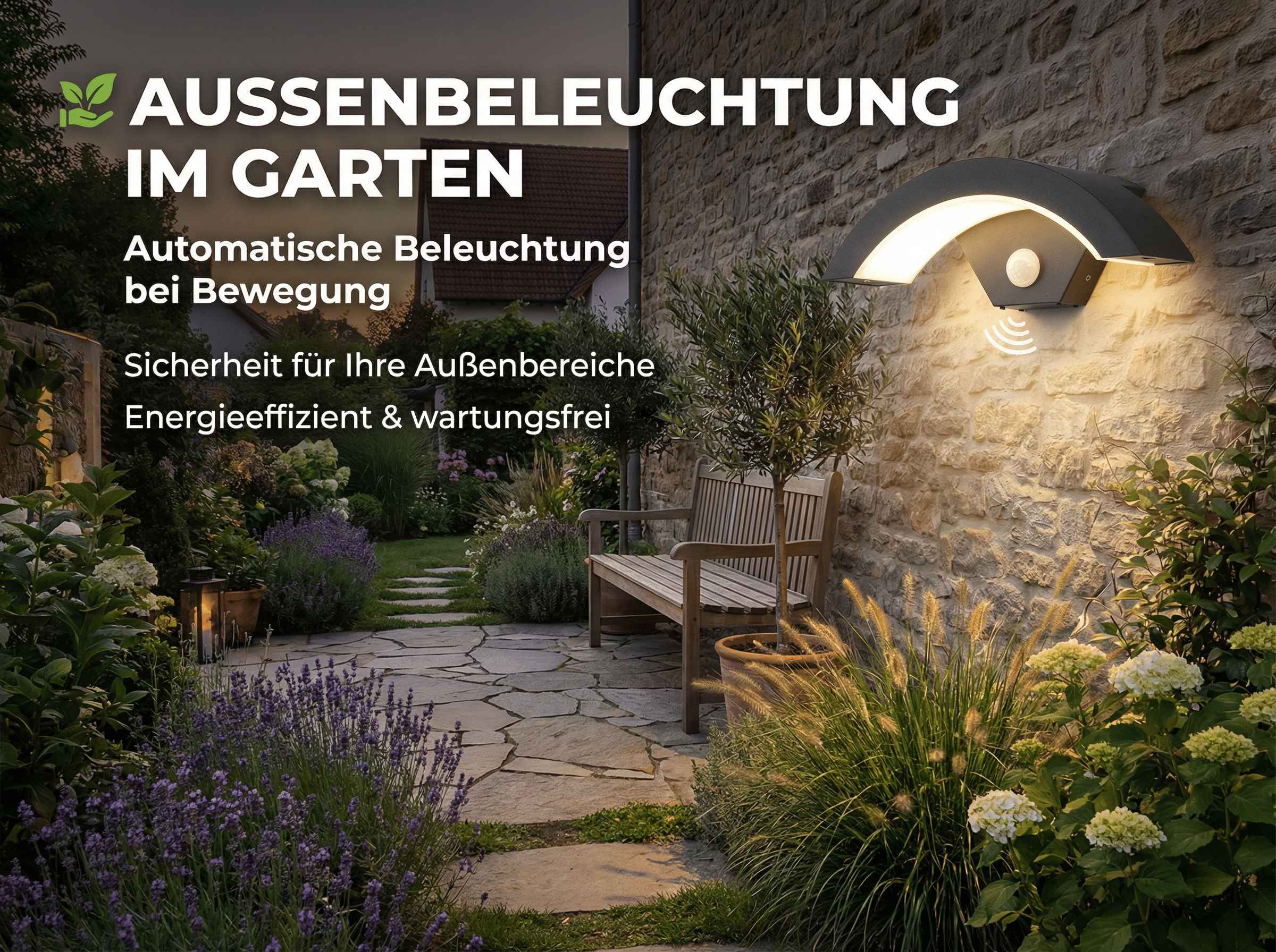 Gartenbeleuchtung mit Bewegungsmelder an Steinwand, Holzsitzbank und Pflanzen.