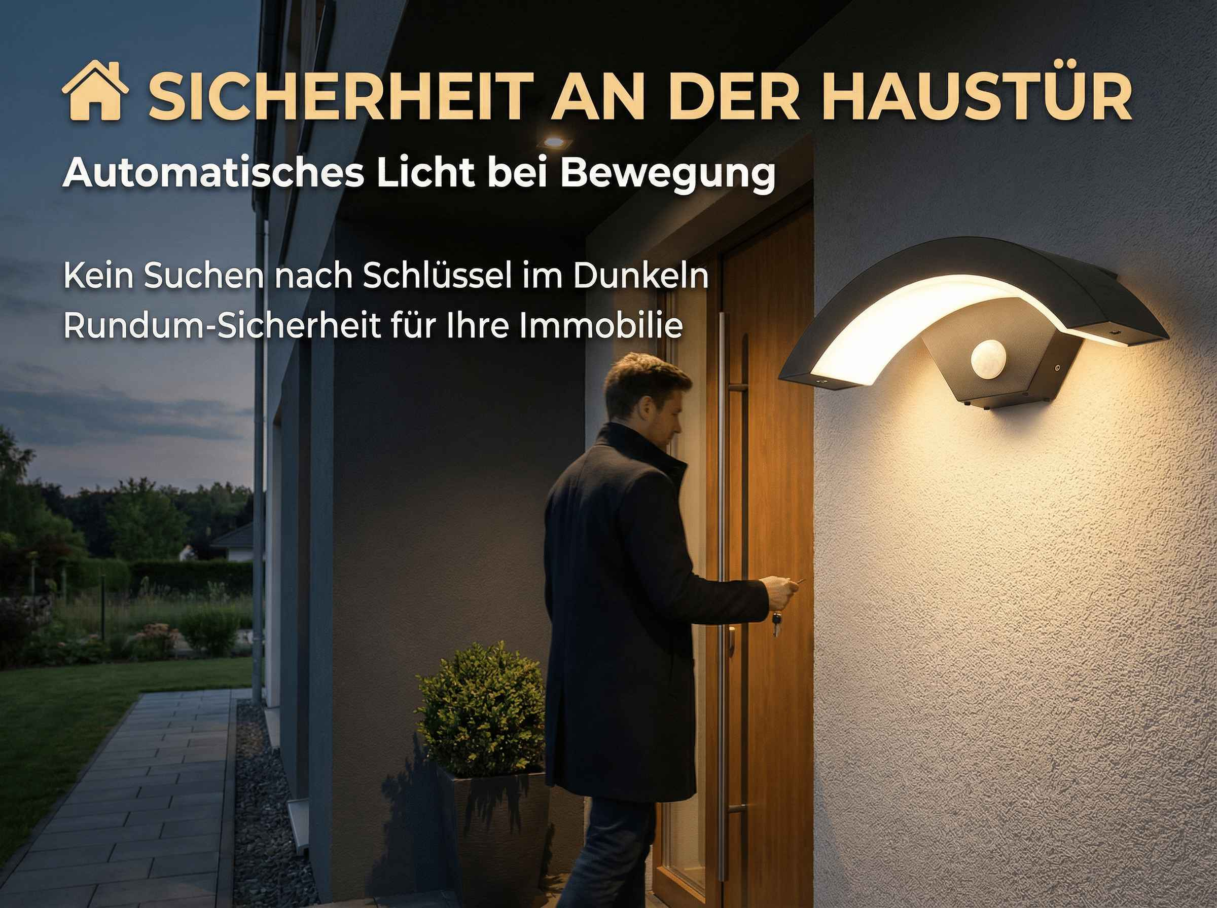 Mann mit Schlüssel vor Haustür, beleuchtet von moderner Wandleuchte.