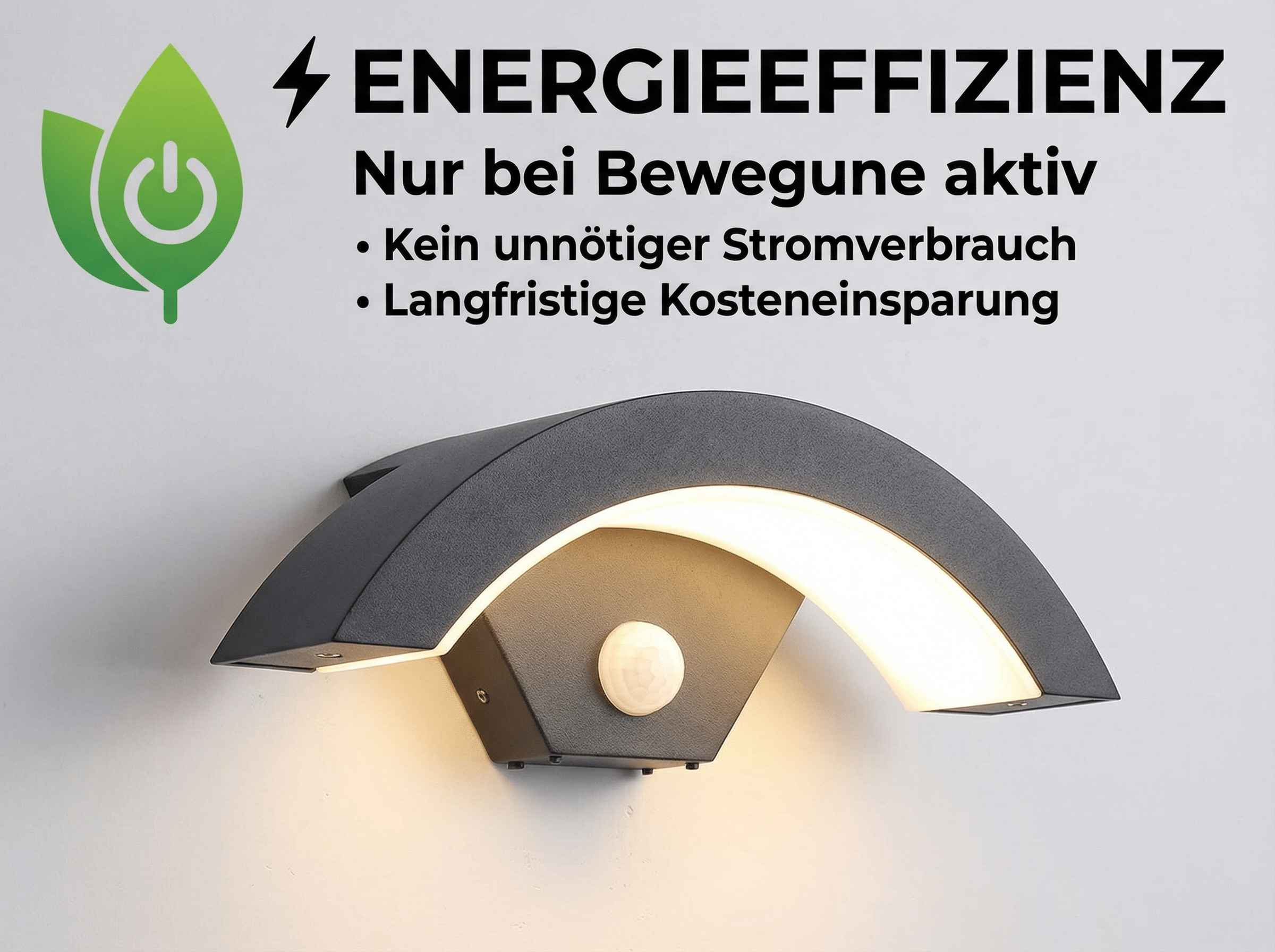 Moderne graue Wandleuchte mit Lichtbogen und Bewegungssensor. Energiespar-Symbol.