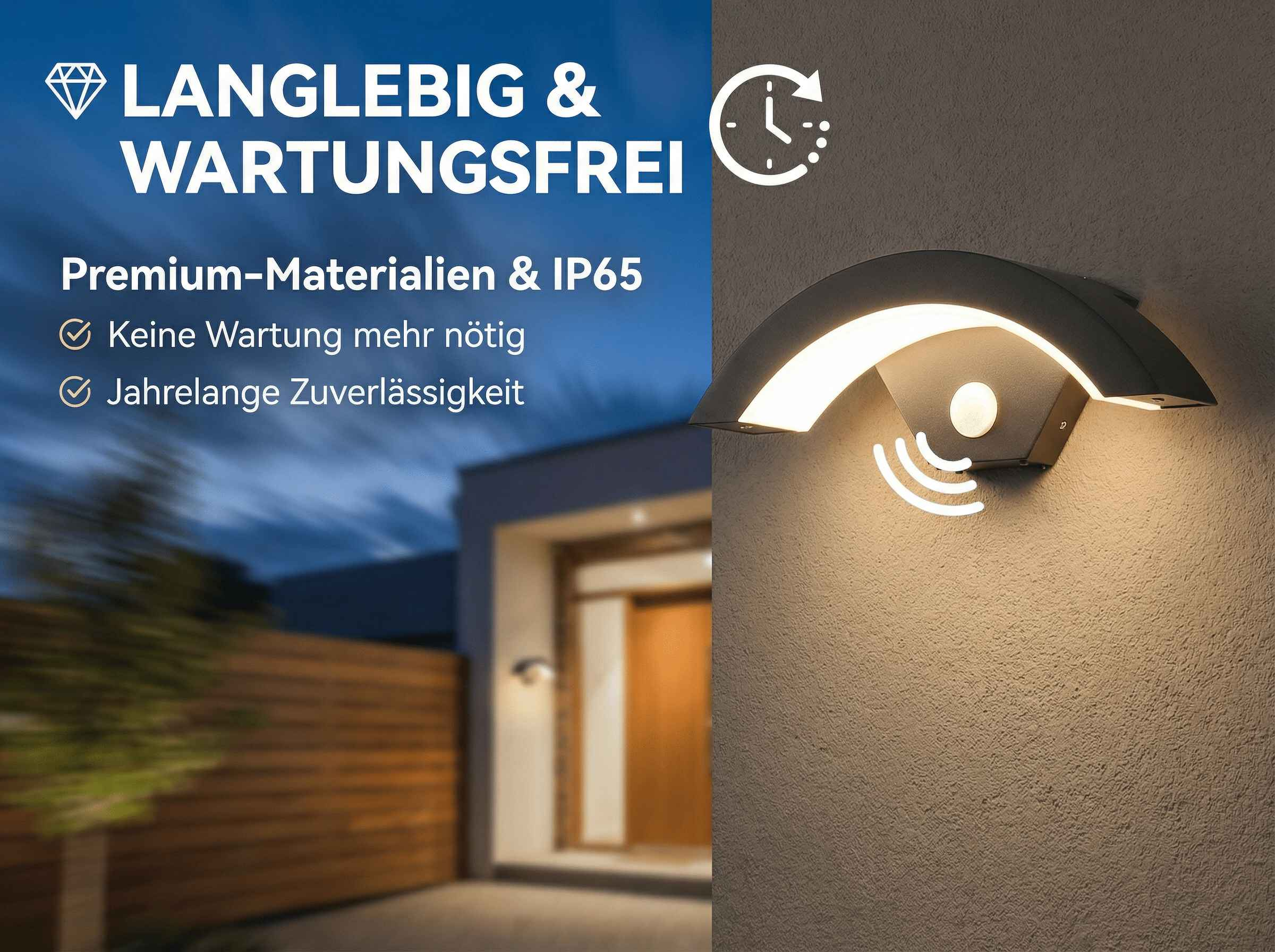 Moderne Wandleuchte mit Licht und Bewegungssensor beleuchtet eine Hauswand.