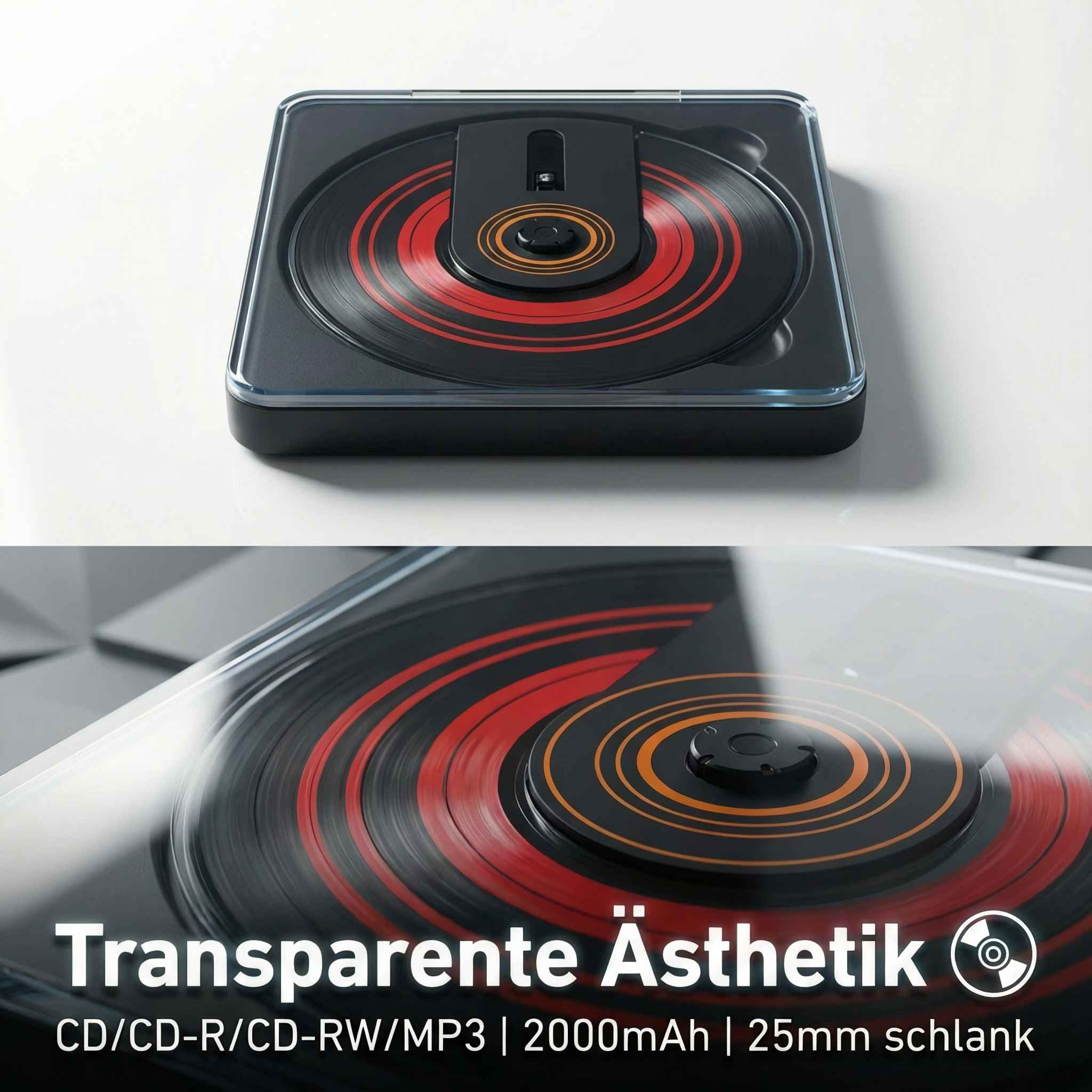 Schwarzer CD-Player mit roten und orangen Kreisen, 2000mAh Akku.