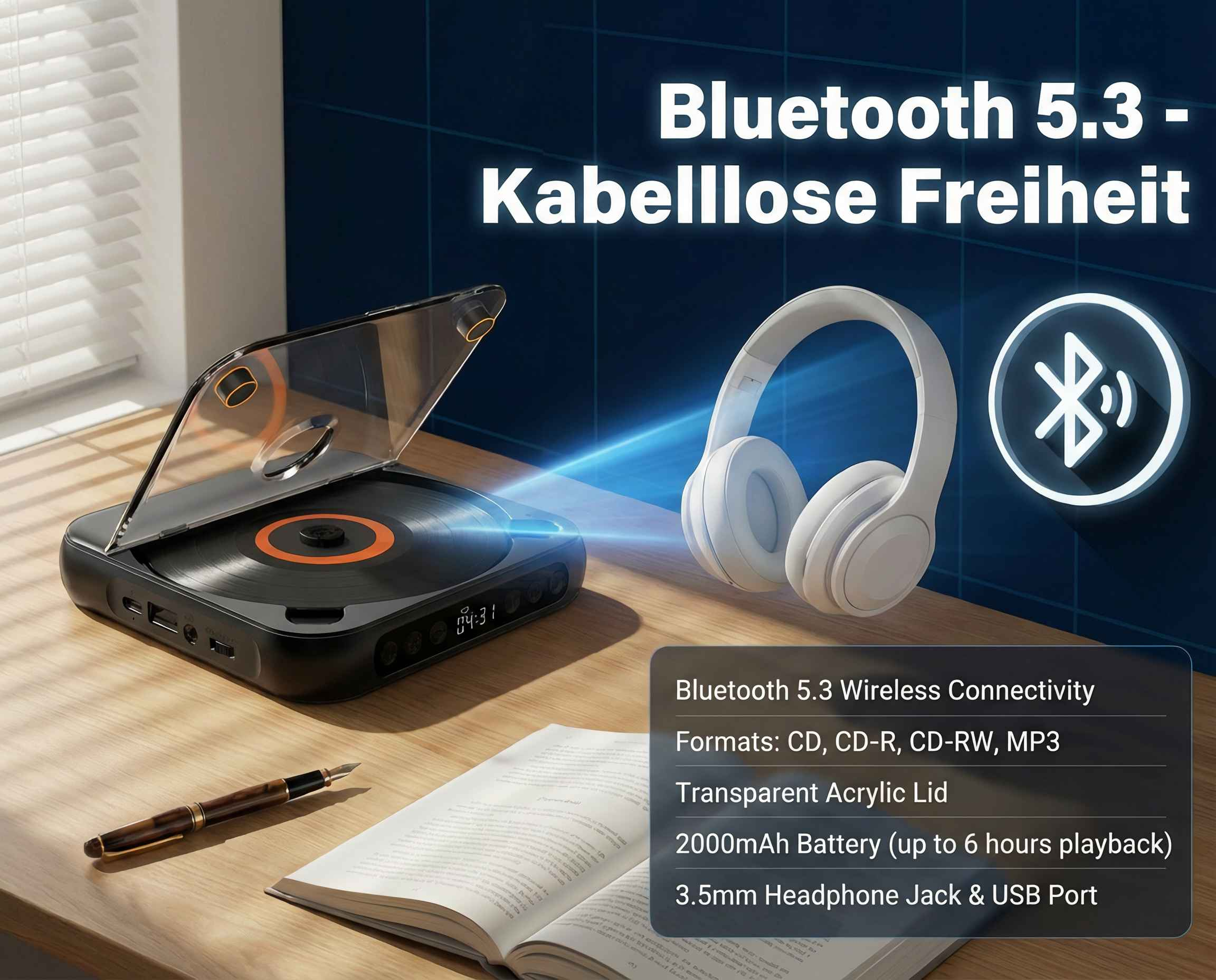 Schwarzer CD-Player mit Kopfhörern, Buch und Stift auf einem Holztisch.