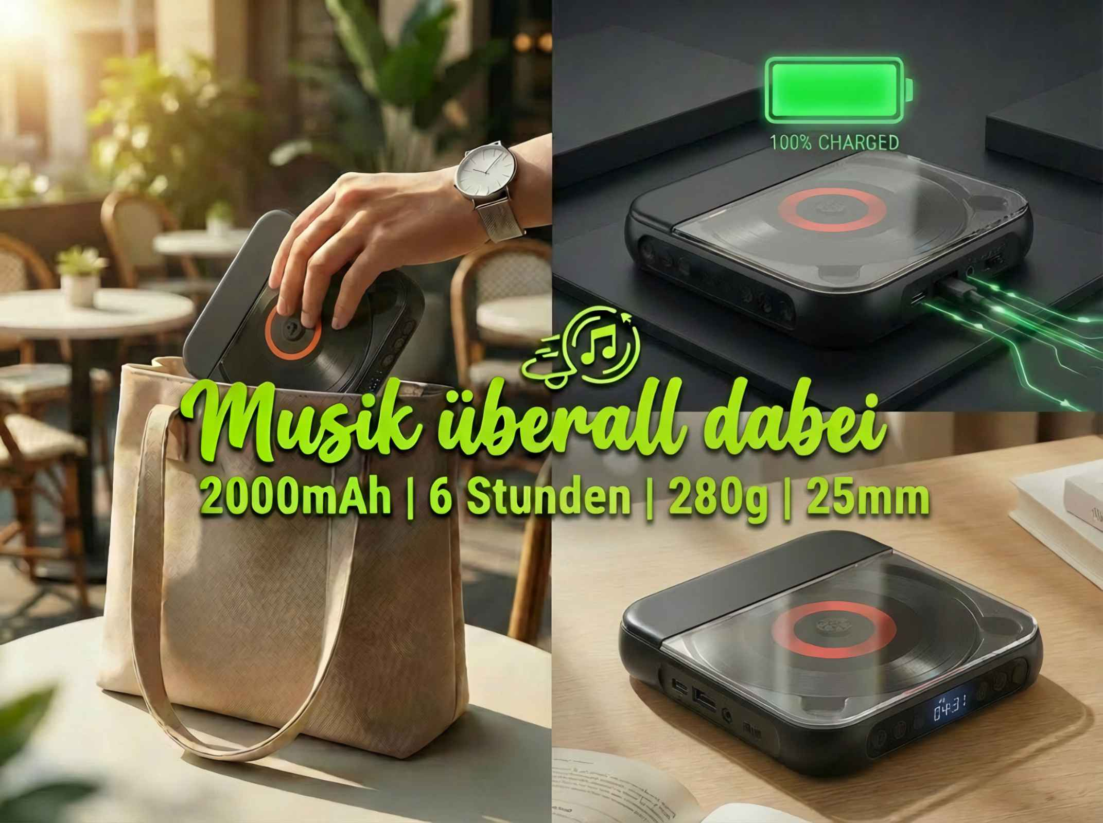 Tragbarer Musikplayer im Vintage-Plattendesign, 100% geladen.