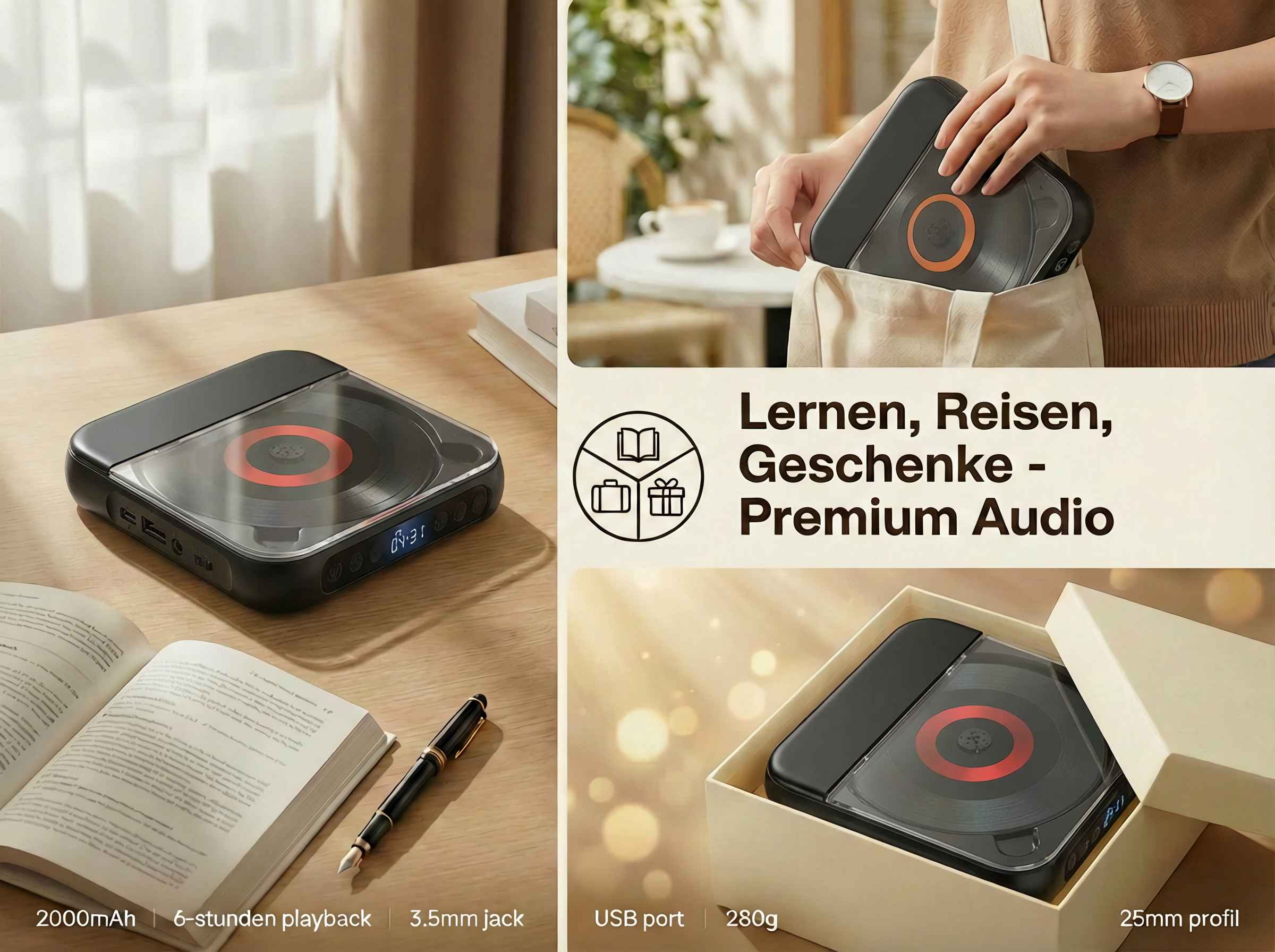 Schwarzer CD-Player im Vinyl-Look, auf einem Tisch mit Buch und Stift.
