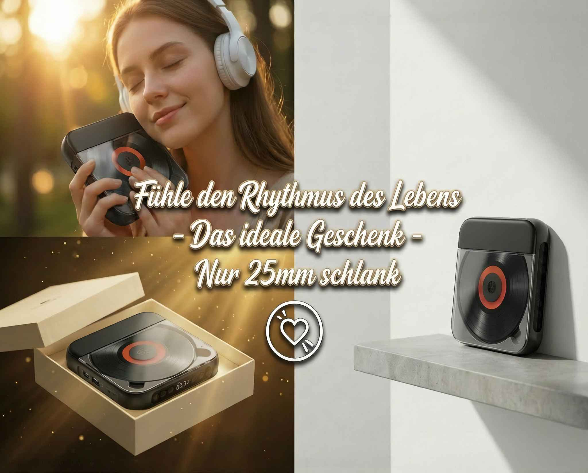 Ein Mann mit Kopfhörern hält einen Plattenspieler-förmigen Lautsprecher.